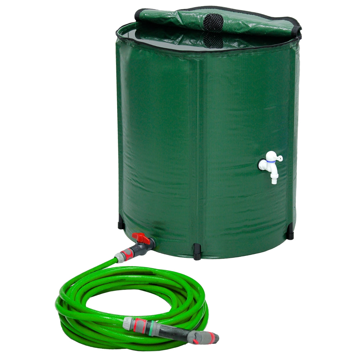 Grüner Wassertank mit Schlauch und Auslaufhahn, auf einem weißen Hintergrund.