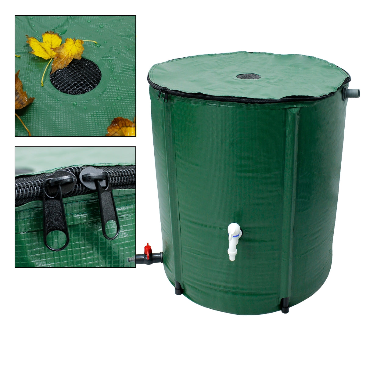 Ein grüner Wassertank mit einem Deckel und einem Wasserhahn.