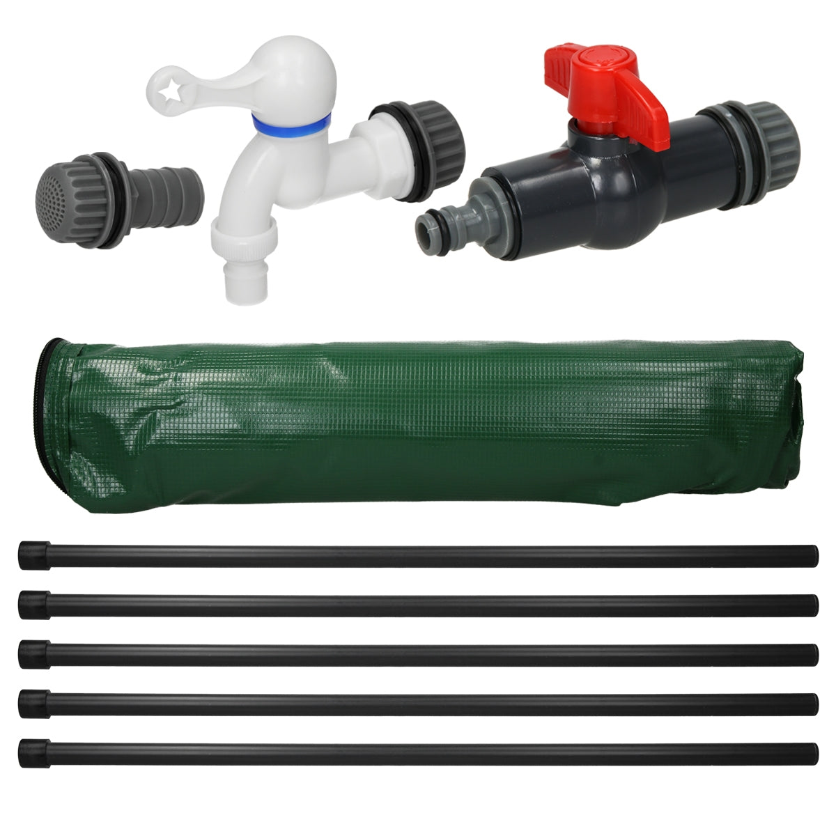 Wasserauslass mit Ventil, Schlauch und mehreren Rohren in grünem Material.