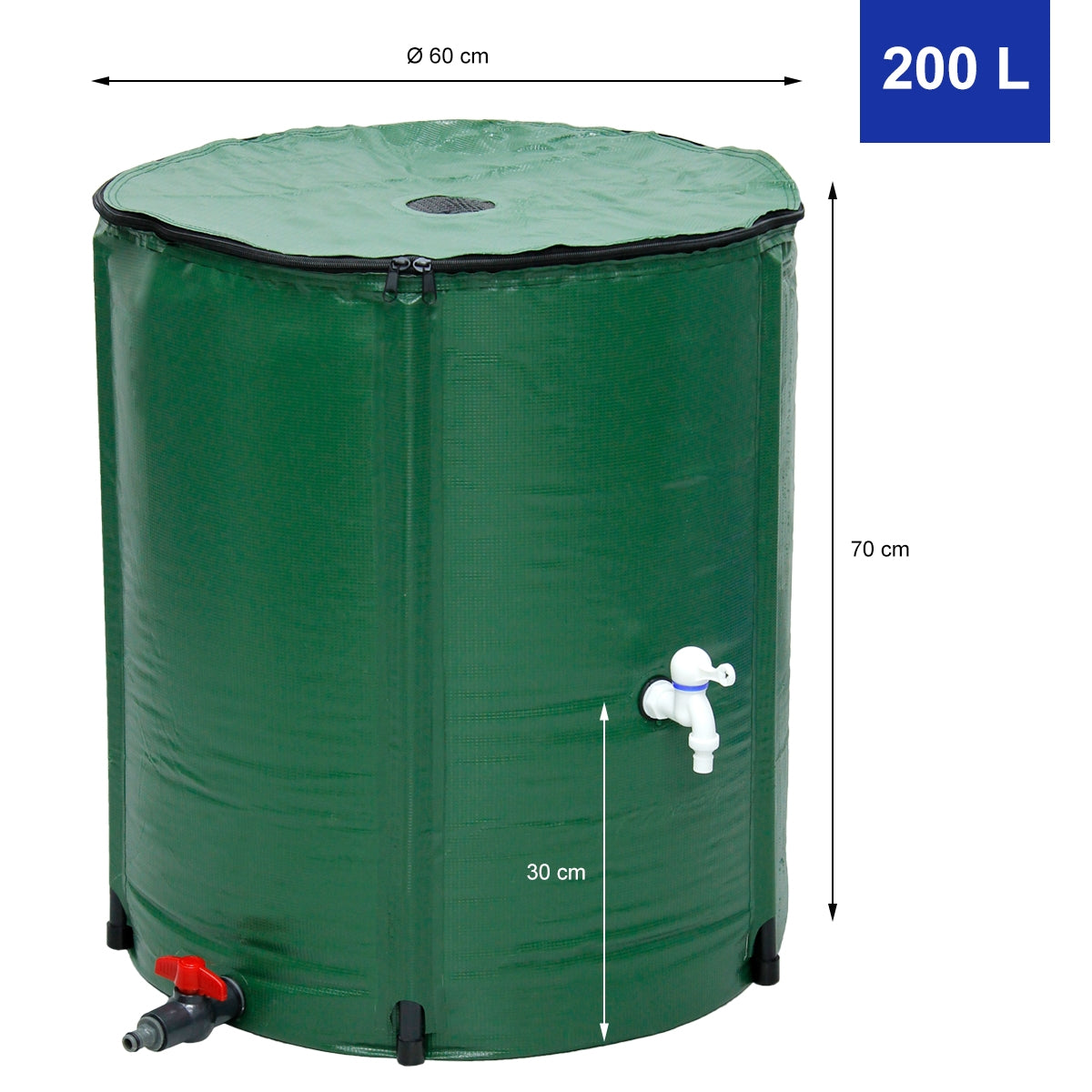 Grüner Wassertank mit 200 Litern, Durchmesser 60 cm, Höhe 70 cm.