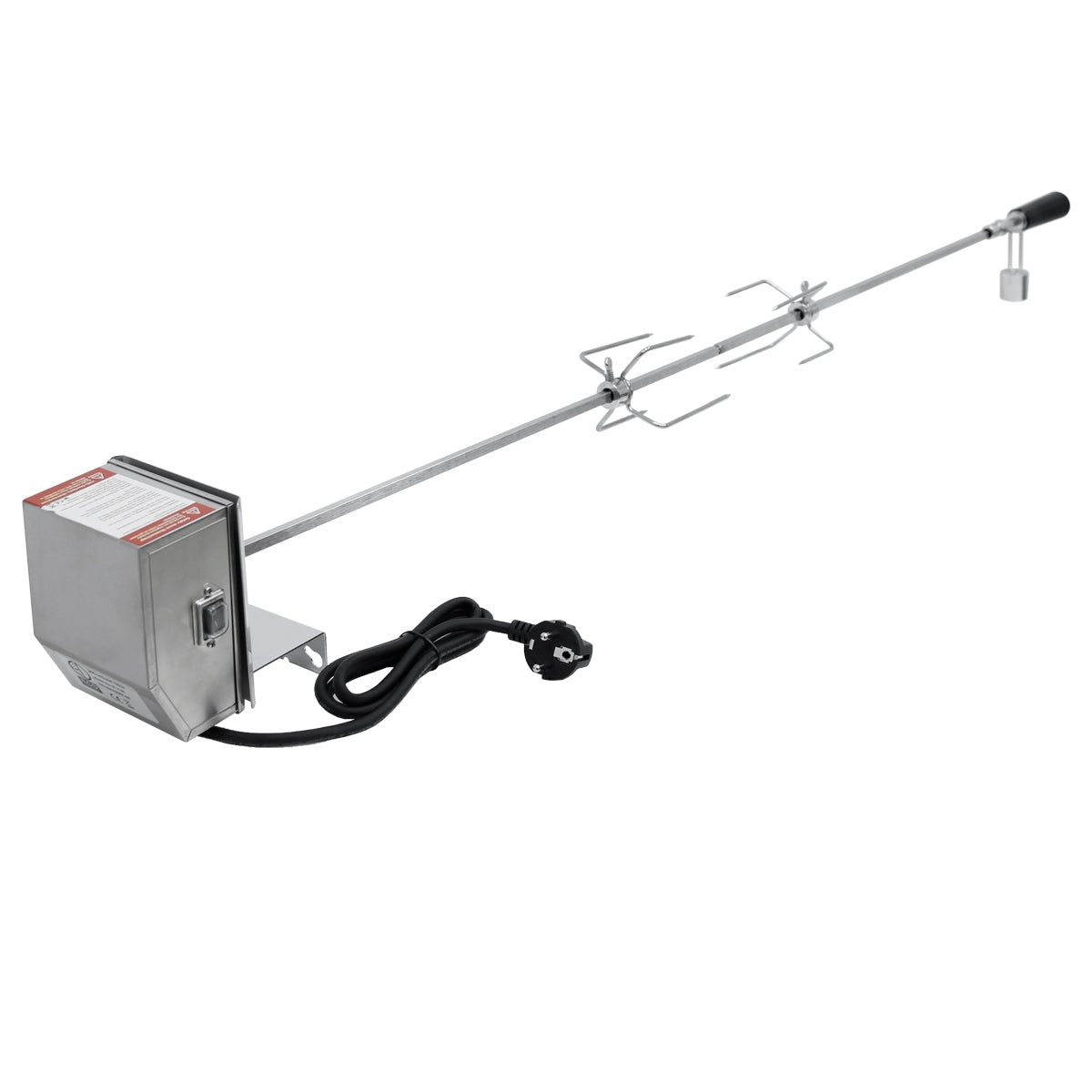 Edelstahlgrill mit Spieß und Motor, Kabel sichtbar.