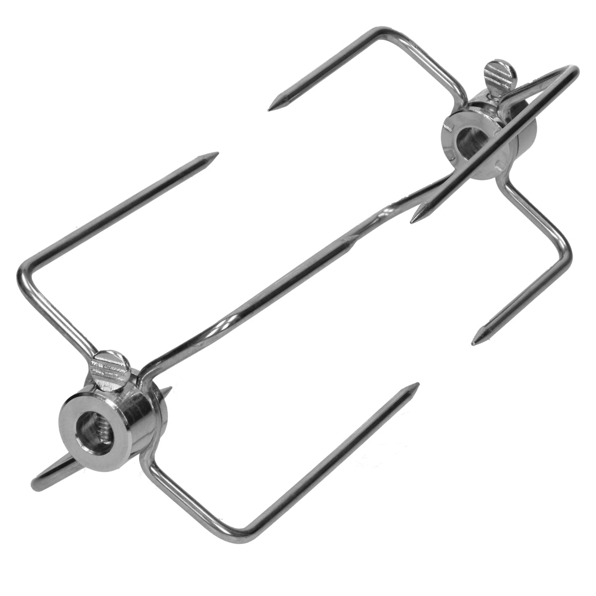 Edelstahl-Spieß mit zwei spitzen Enden und einer zentralen Halterung.