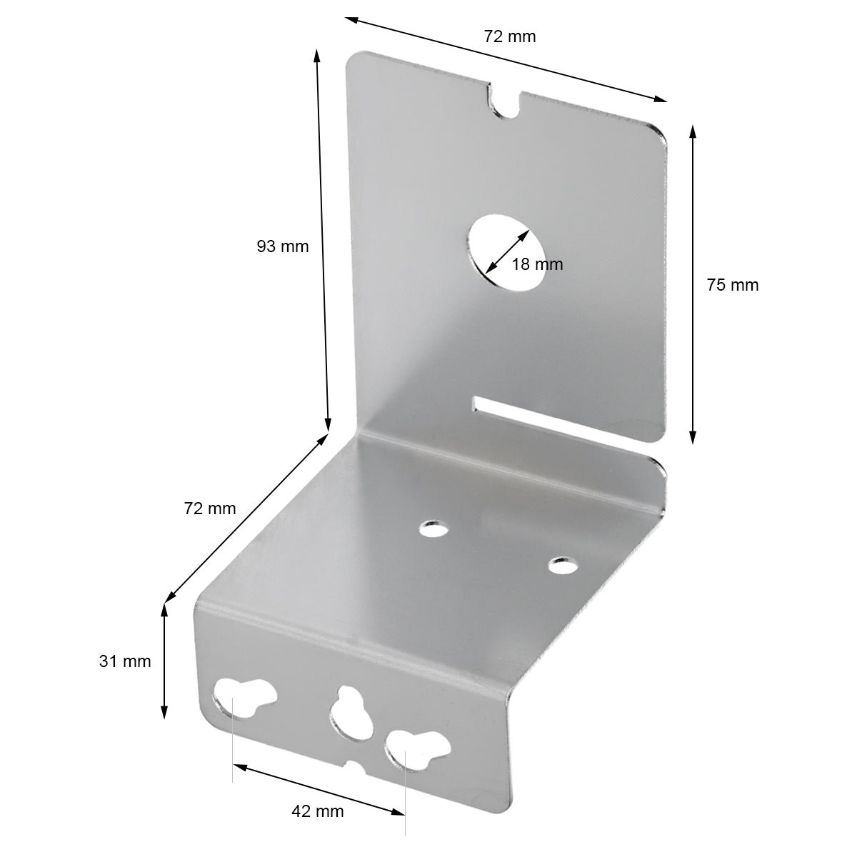 Metallwinkel mit Maßen: 72 mm x 93 mm x 75 mm, mit Löchern zur Befestigung.