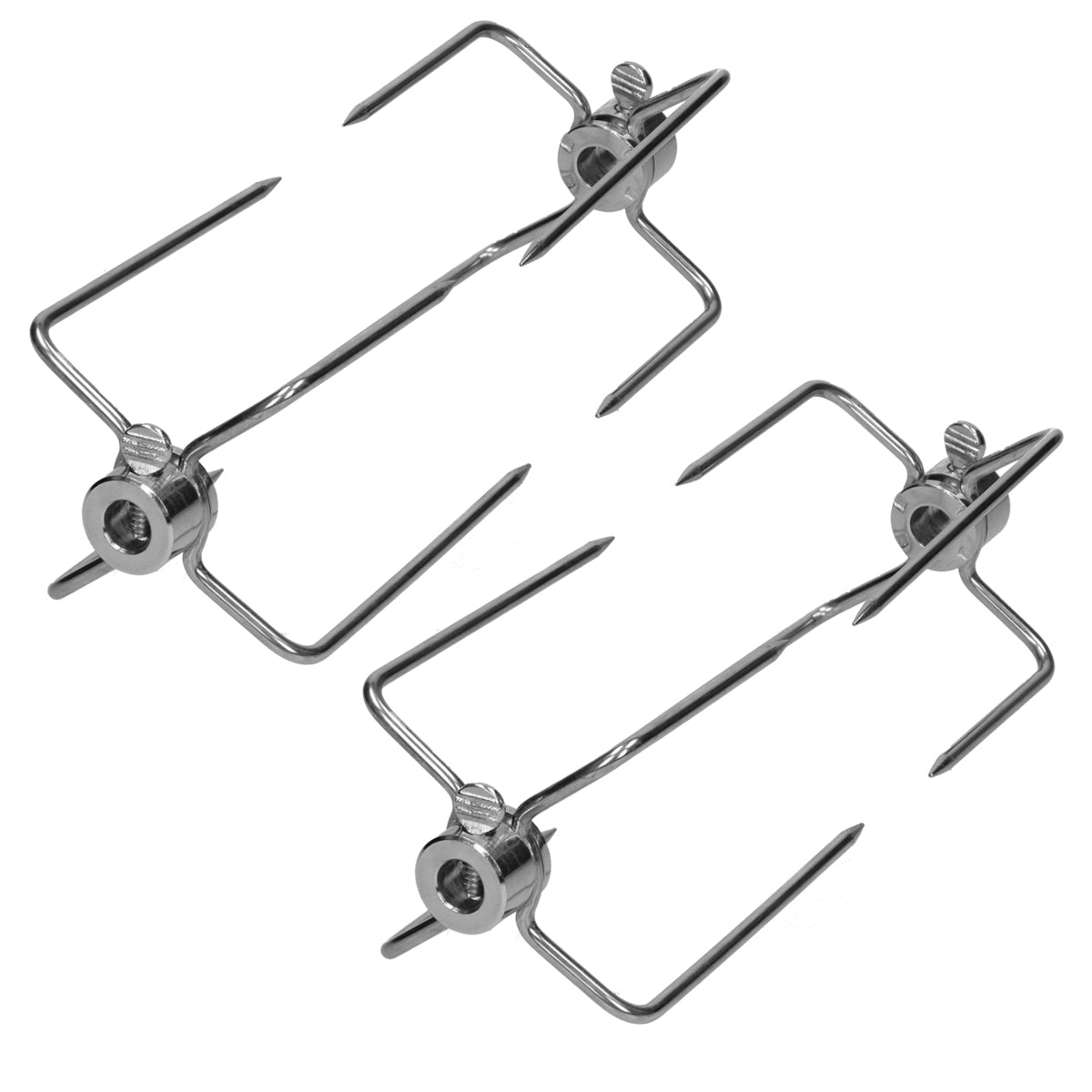 Zwei Metallspieße mit Schrauben, auf weißem Hintergrund.