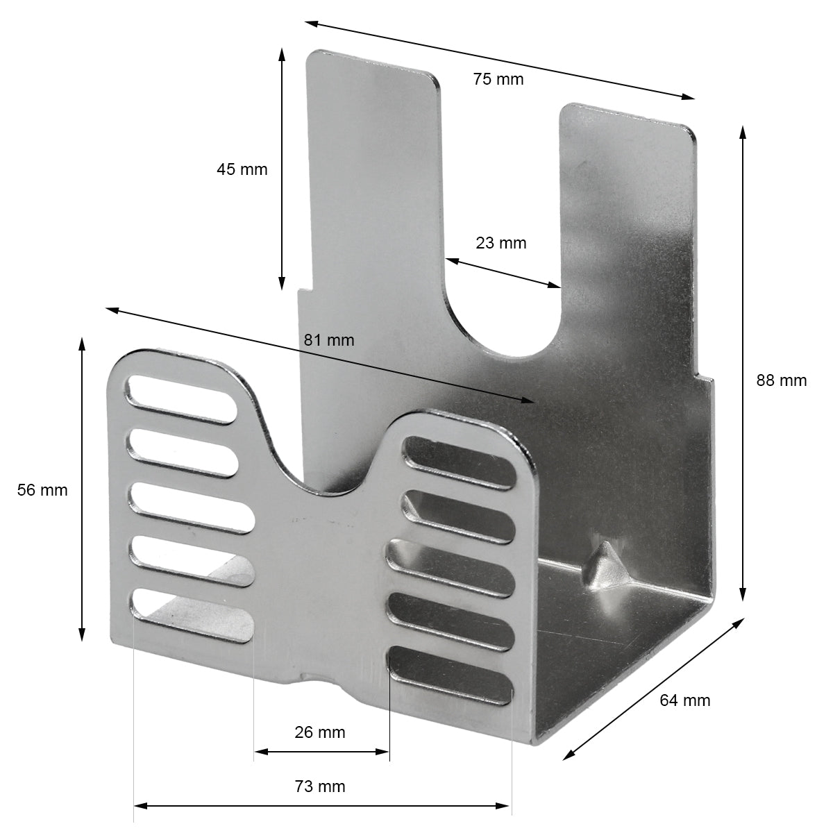 Ein metallener Halter mit Maßen, der eine U-Form hat, auf weißem Hintergrund.