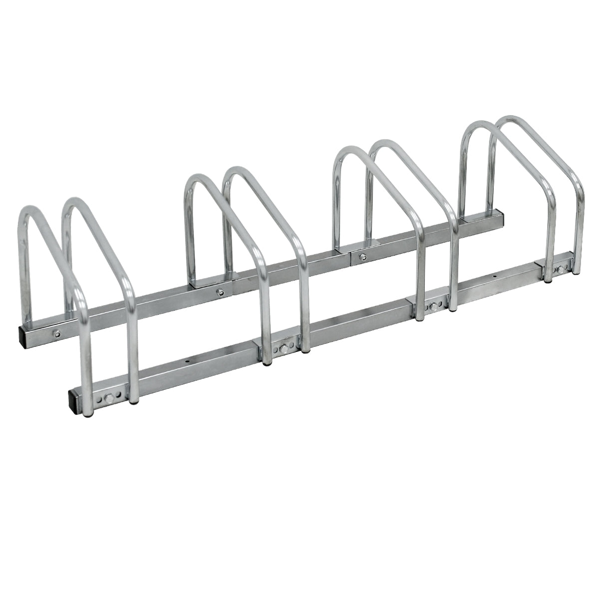 Metallgestell mit mehreren Bögen zur Fahrradabstellung.