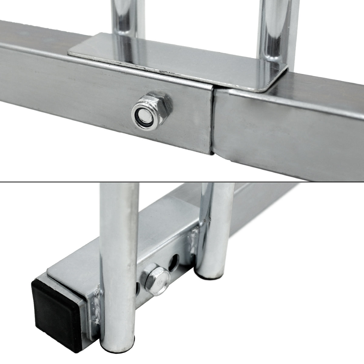 Detailaufnahme eines Metallrahmens mit Schrauben und Verbindungen.
