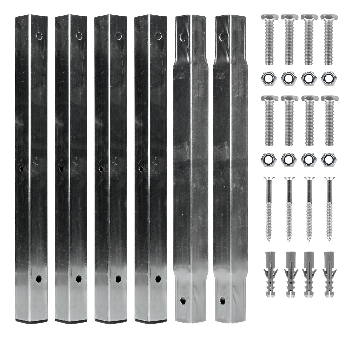 Sechs Metallstangen und Schrauben, zur Montage geeignet.