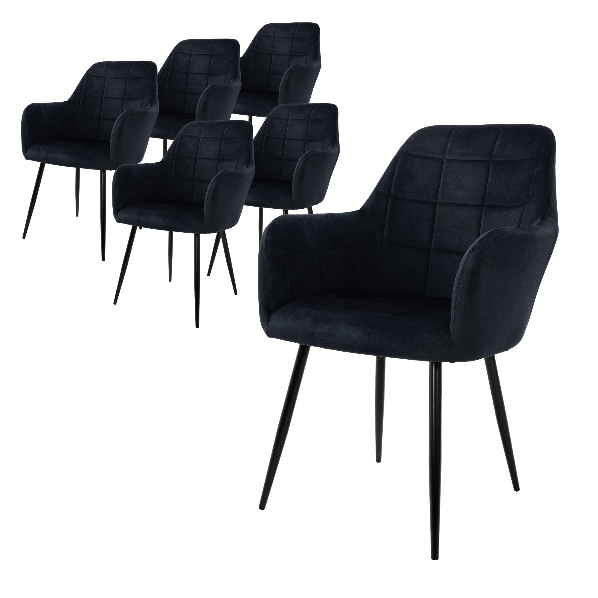 Sechs schwarze Stühle mit gepolstertem Sitz und Rückenlehne, auf einem Bild.