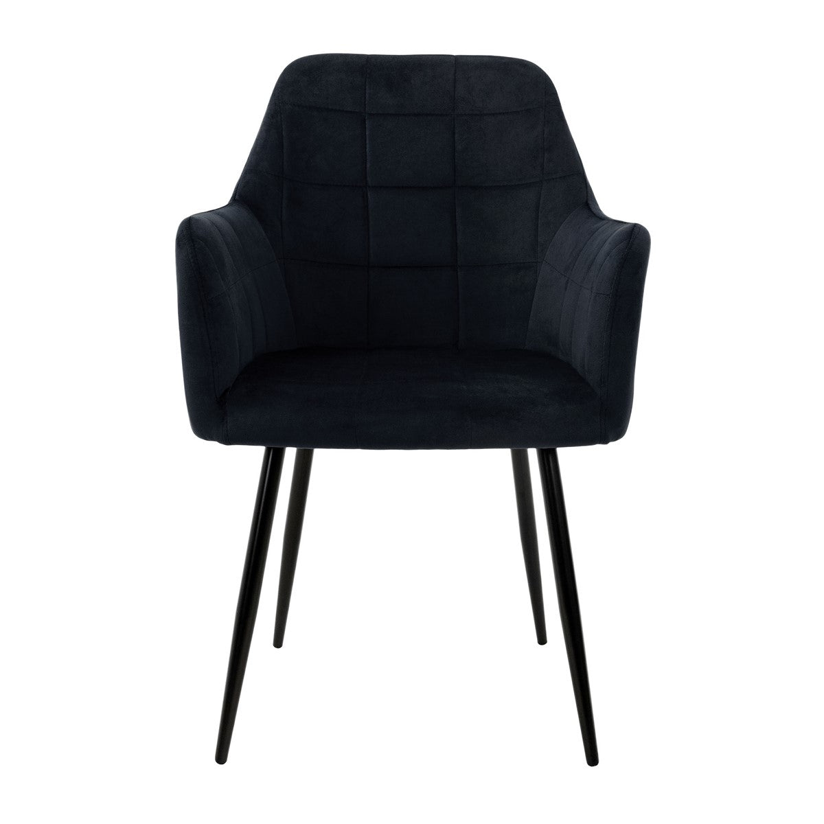 Fauteuil noir avec accoudoirs et un design matelassé.