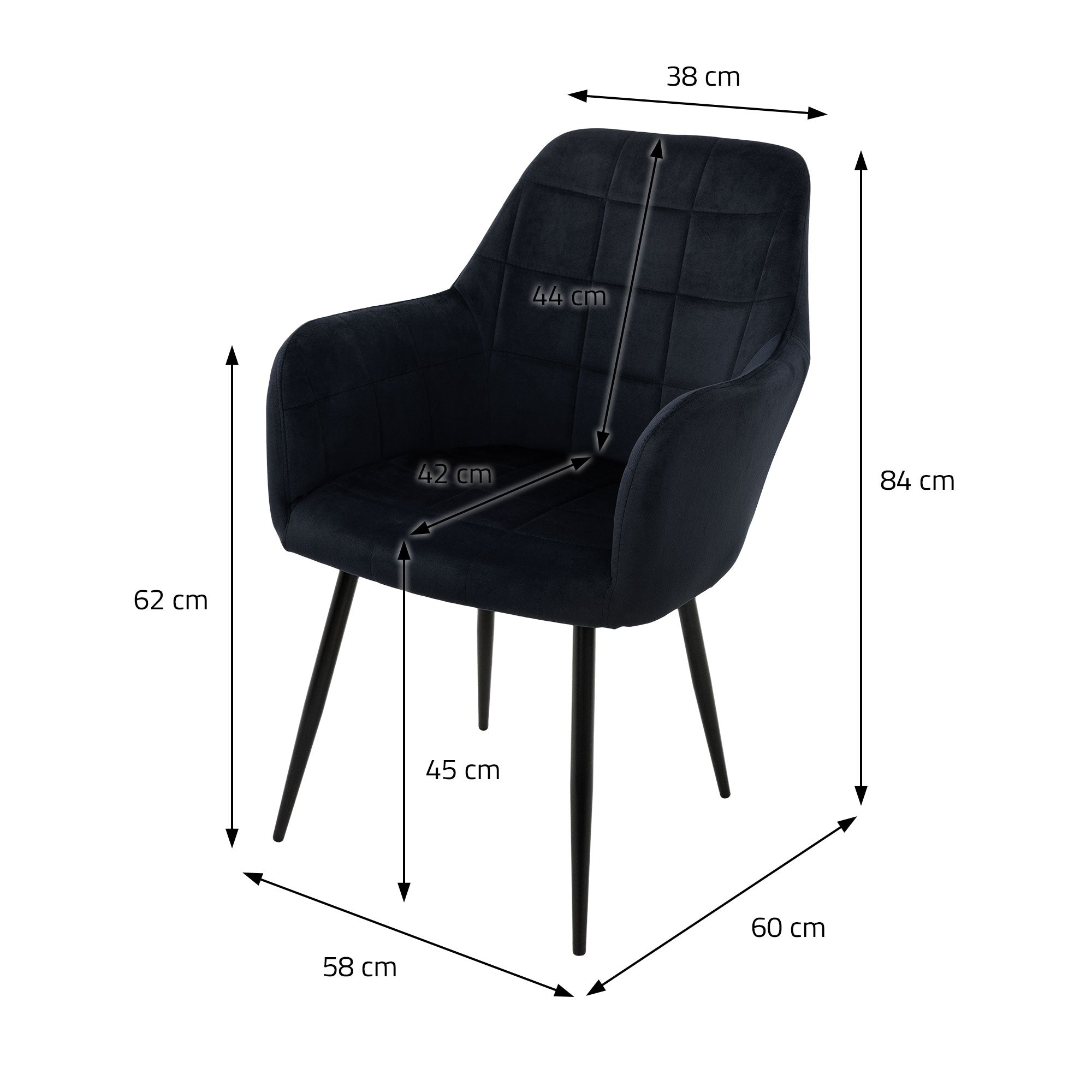 Schwarzer Stuhl mit Maßen: Höhe 84 cm, Breite 60 cm, Sitztiefe 42 cm.