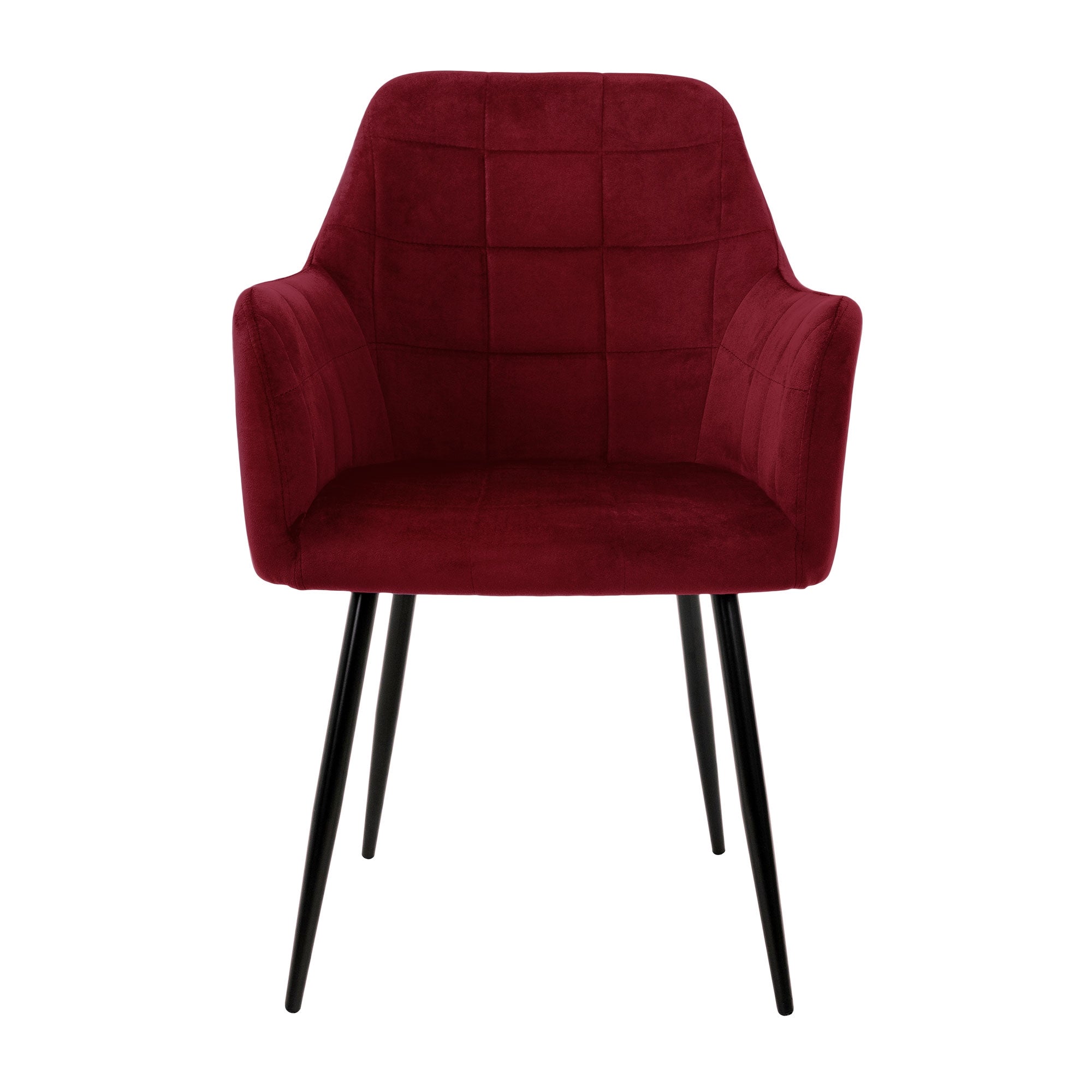 Roter Stuhl mit gepolstertem Sitz und Rückenlehne, schwarze Beine.