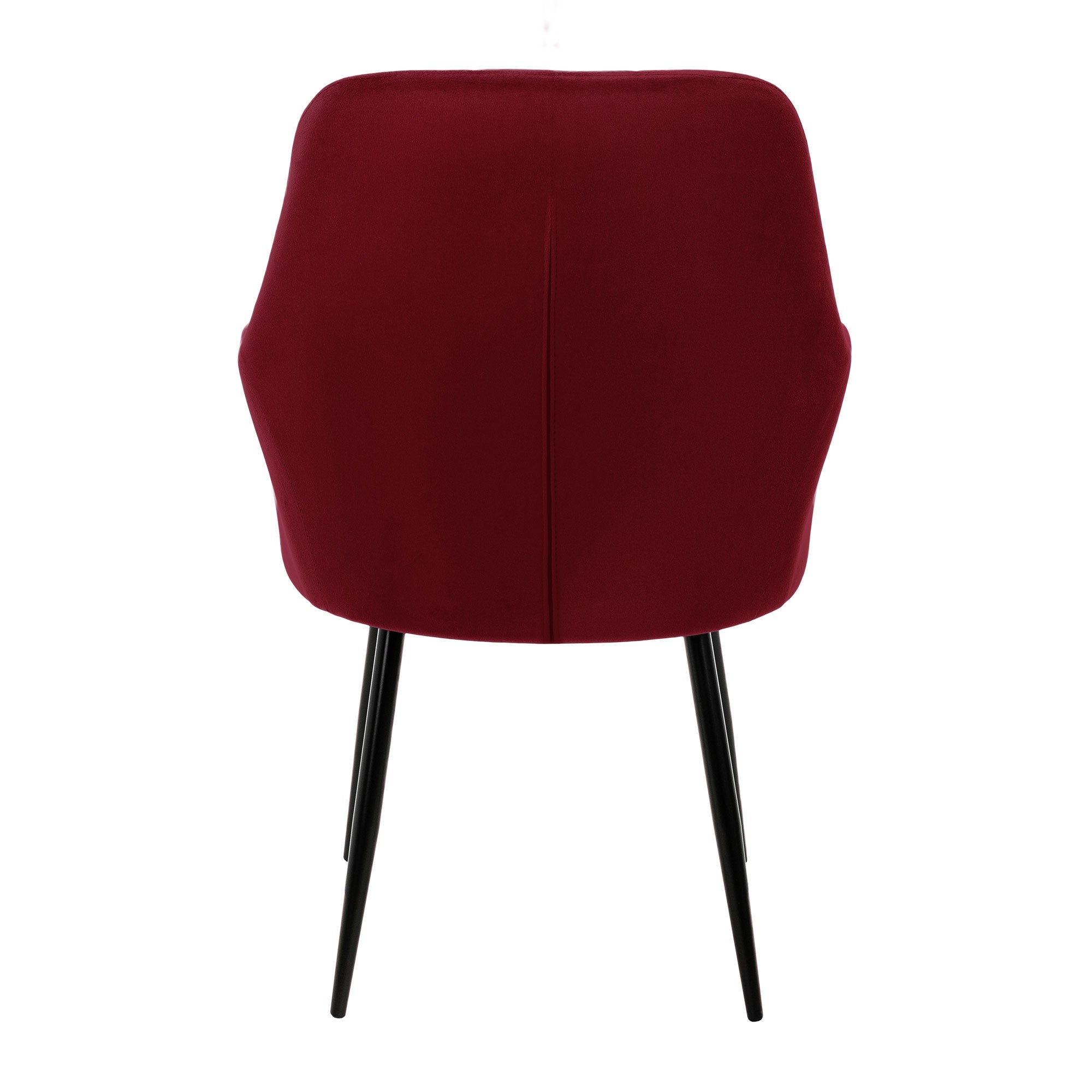 Roter Stuhl von hinten, gepolstert mit schwarzem Gestell.