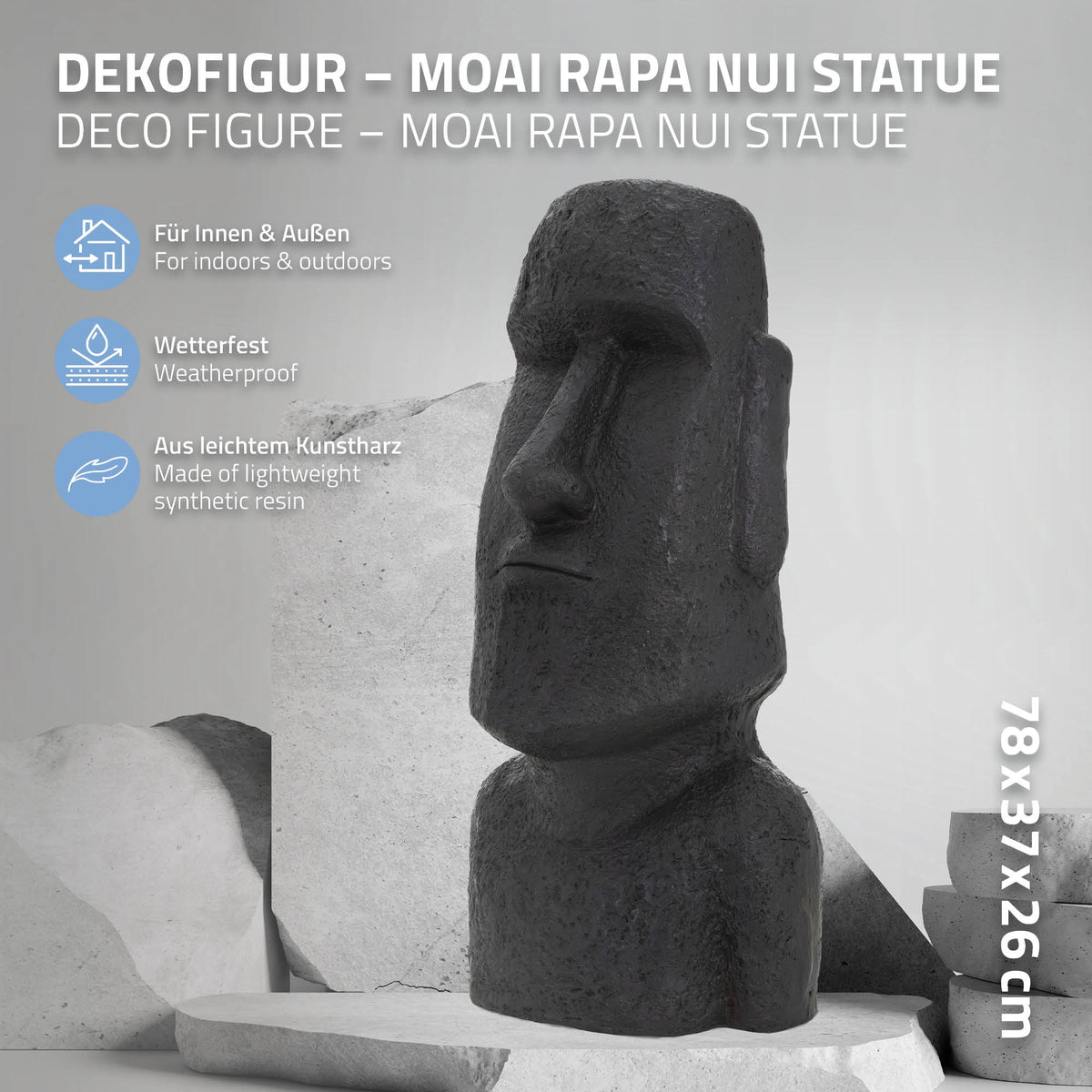 Moai Rapa Nui Statue mit wetterfester Kennzeichnung und Abmessungen auf hellem Hintergrund.