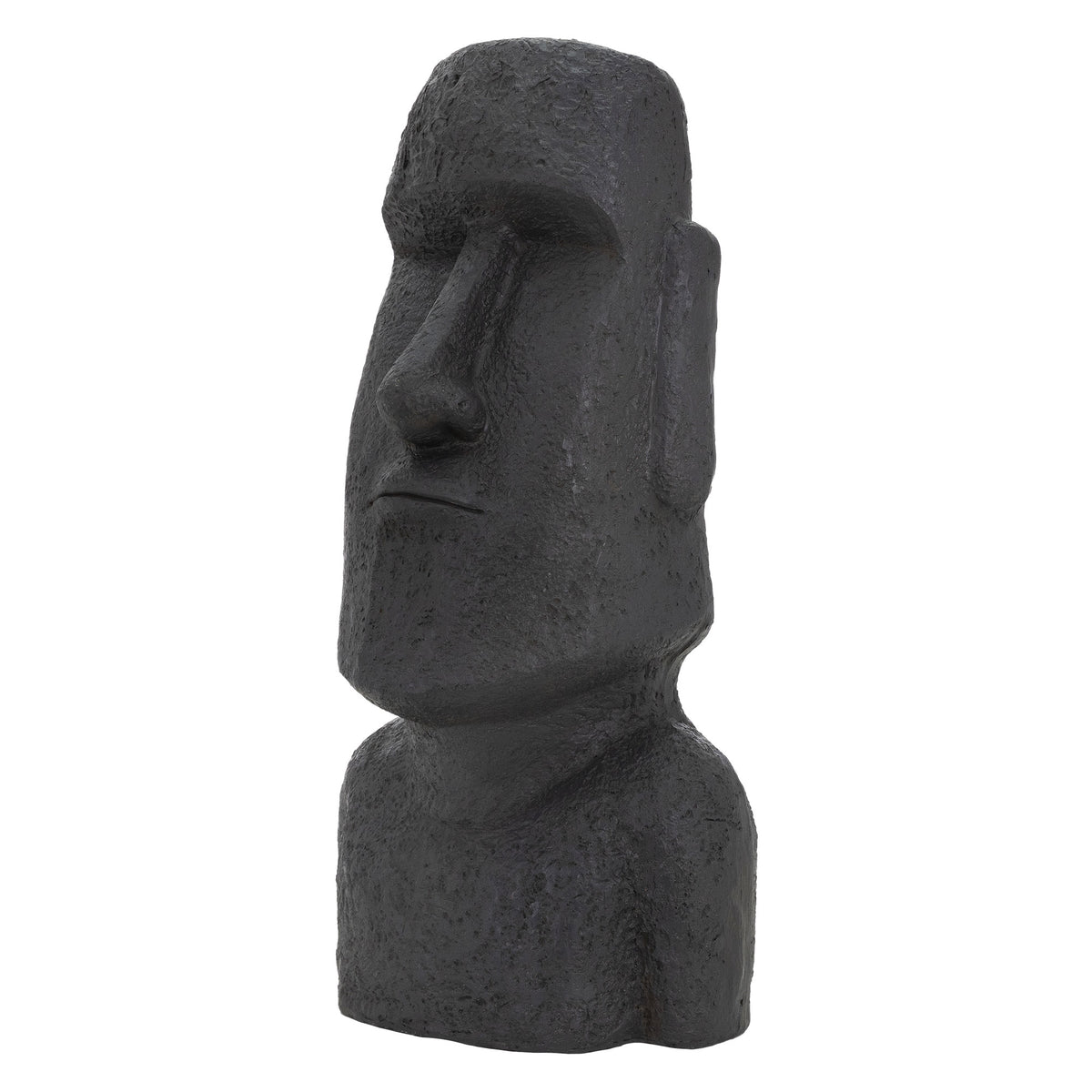 Dunkle Moai-Statue auf einem weißen Hintergrund.