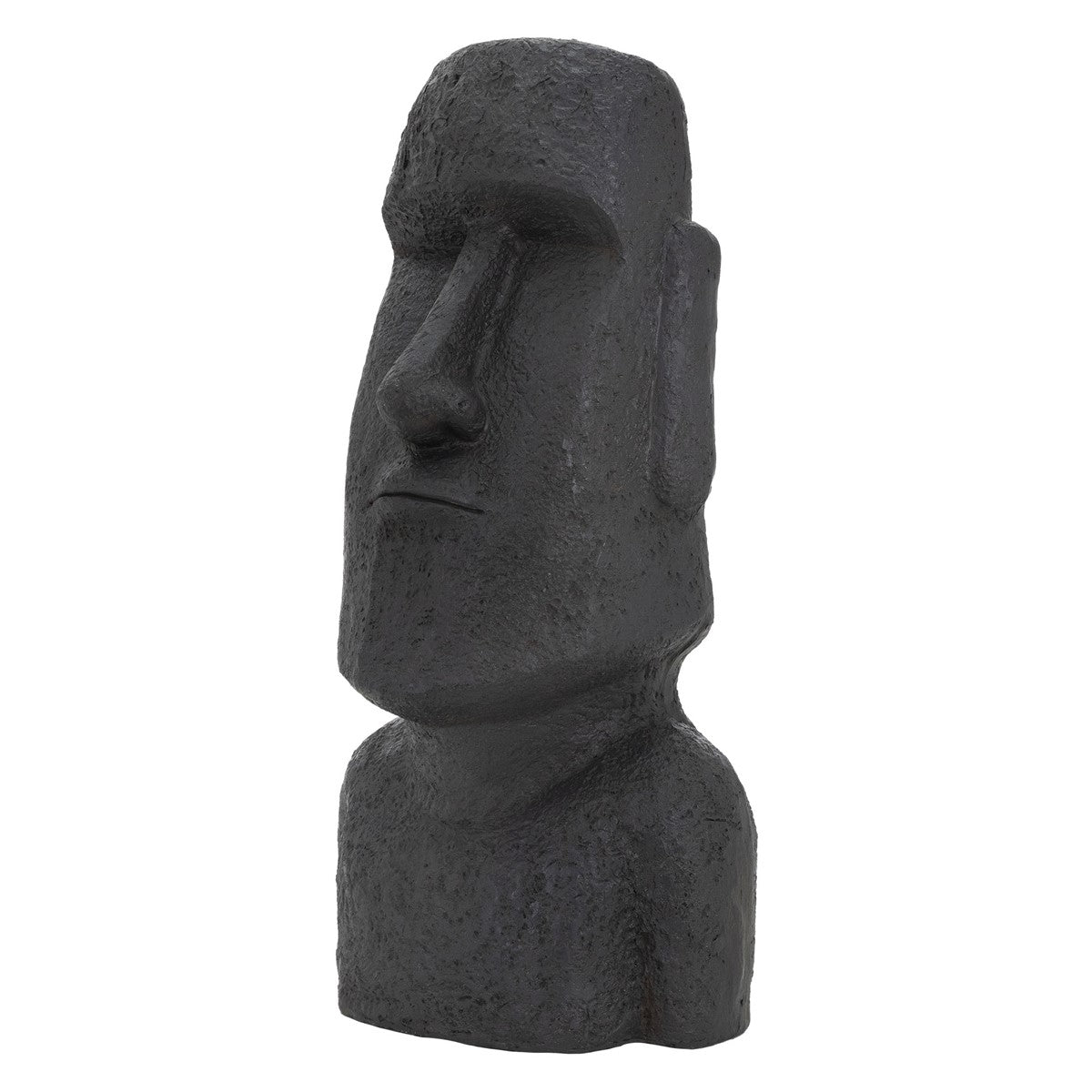 Statue Moai sombre sur fond blanc.