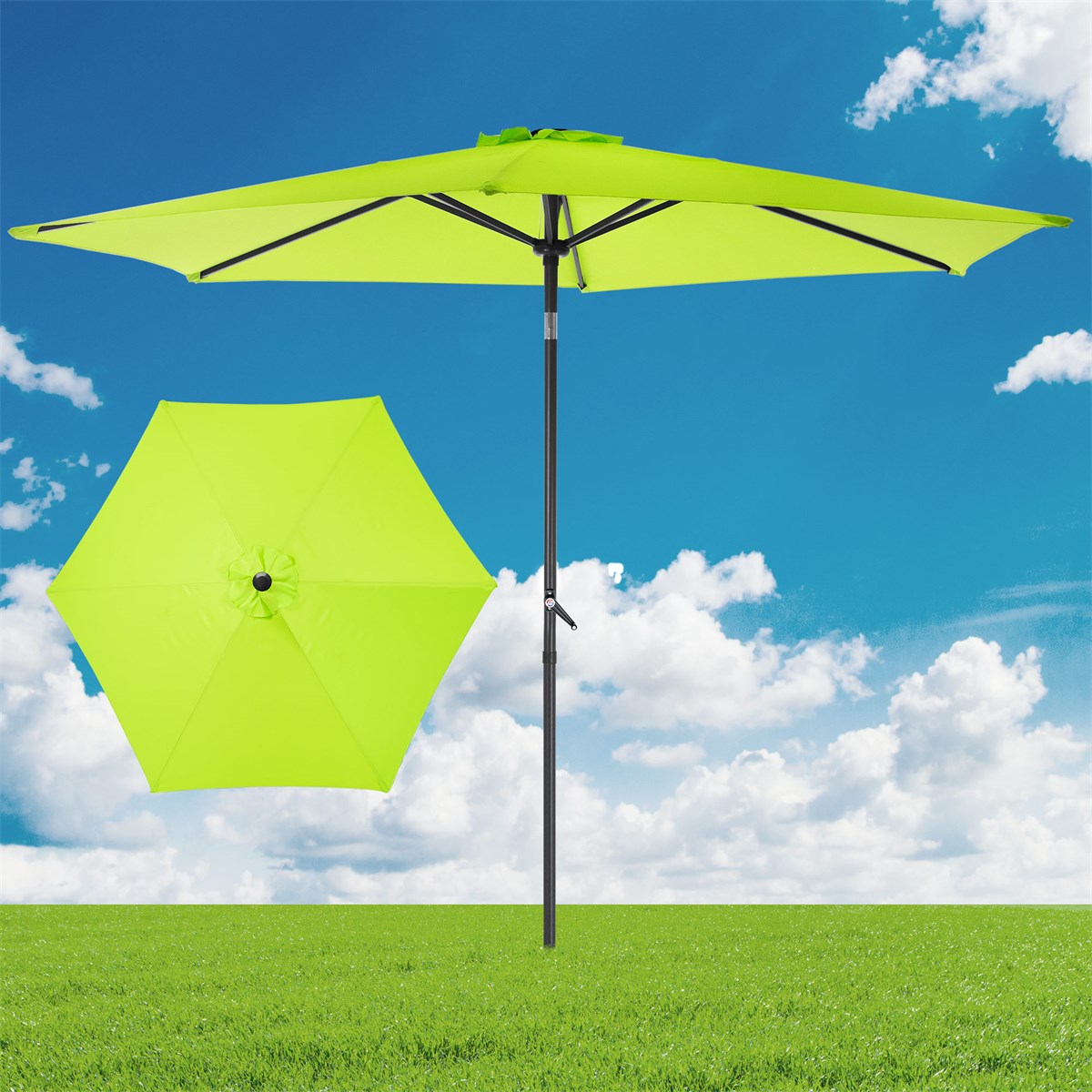 Groene parasol op een weide onder een blauwe hemel met wolken.