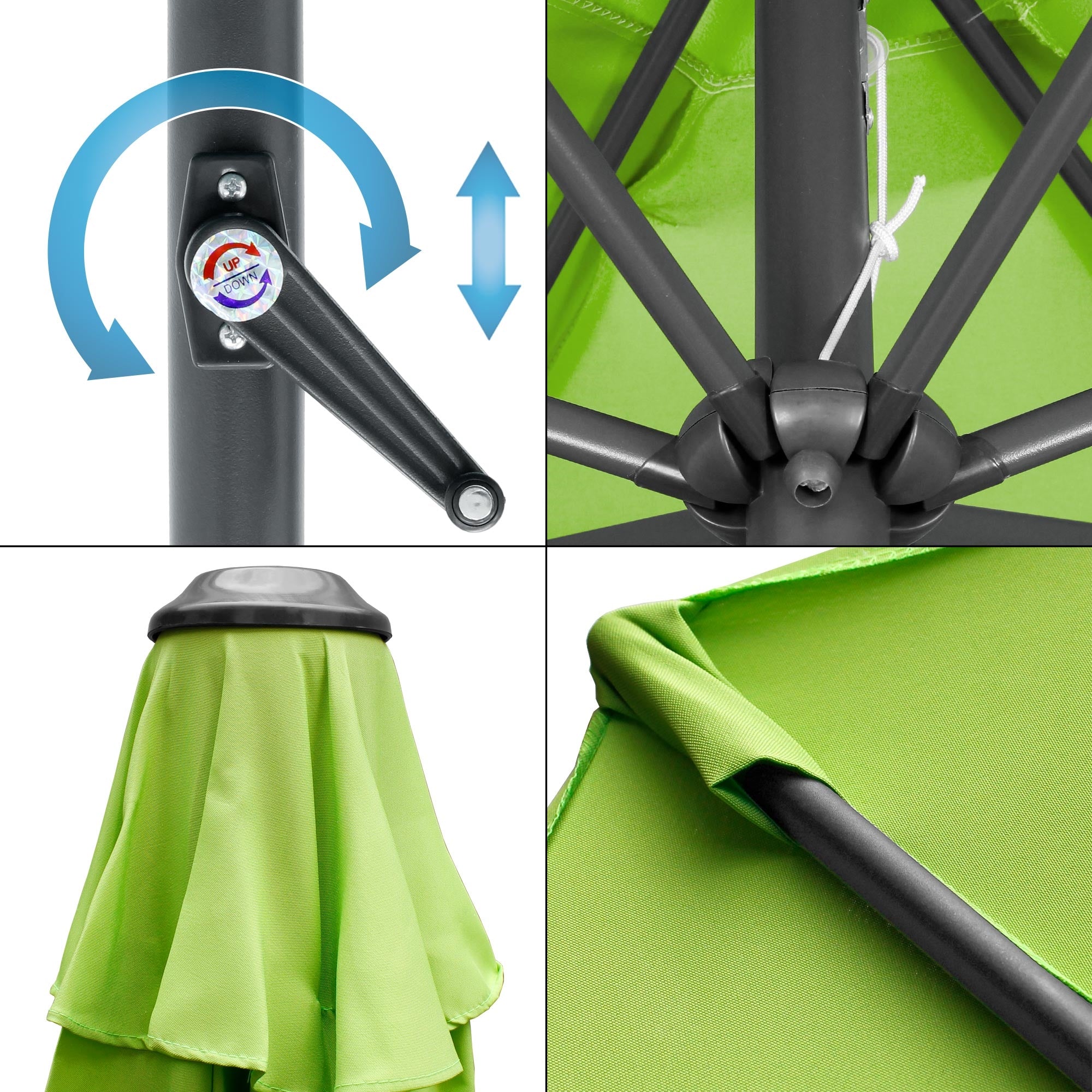 Detailní pohled na slunečník s mechanismem a detaily látky.