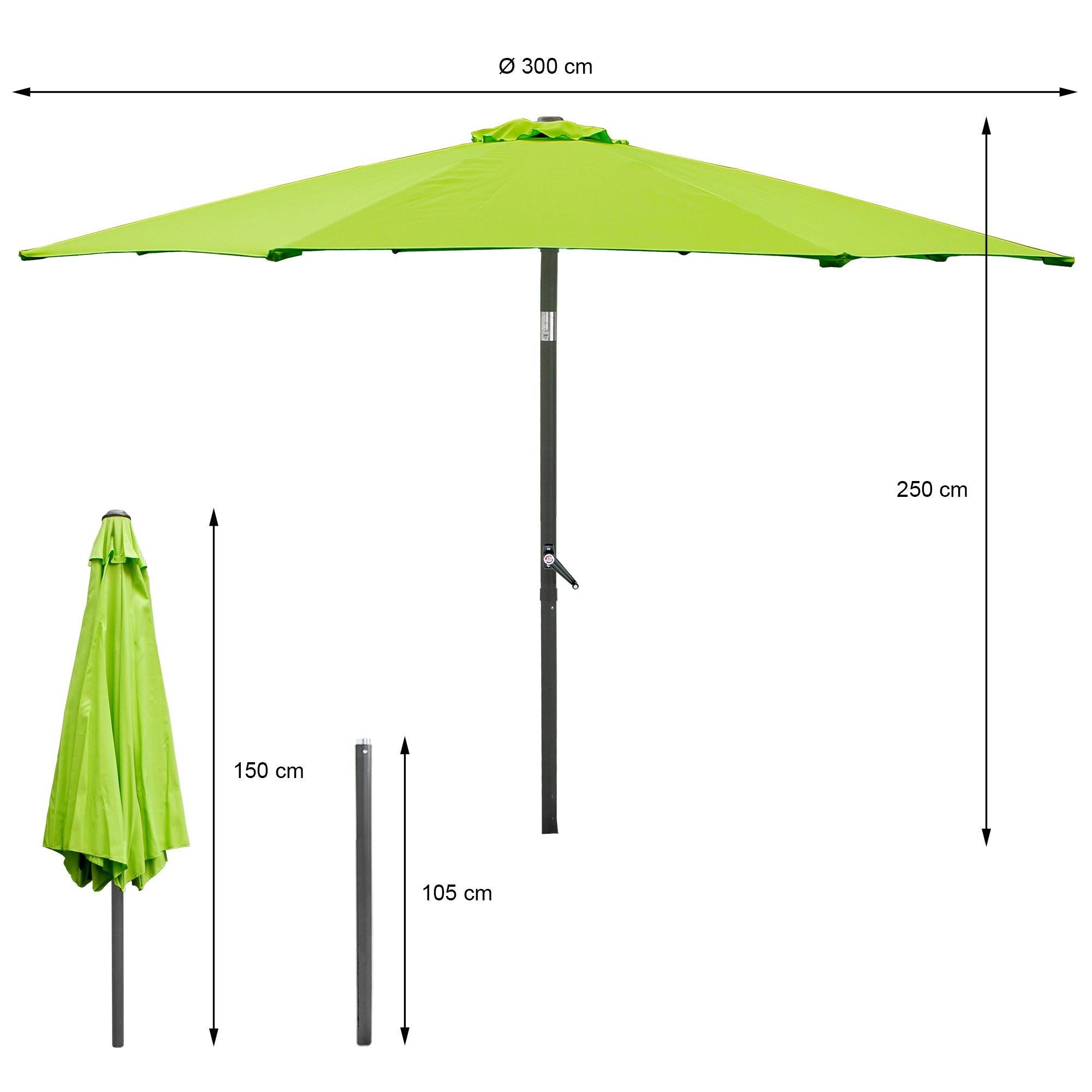 Green sun umbrella with dimensions, set up and folded.