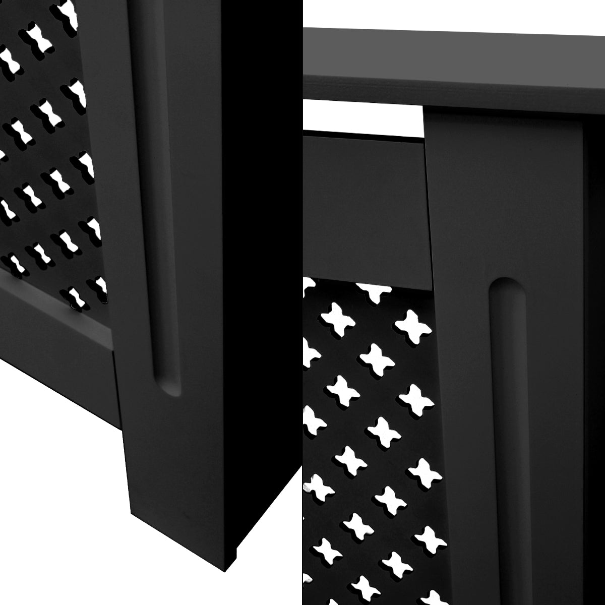 Detailweergave van een zwarte radiator omkasting met decoratieve patronen.