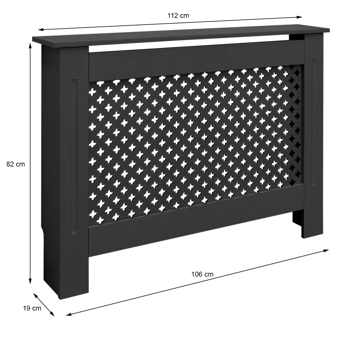 Zwarte radiator omkasting met geometrisch patroon, afmetingen: 112 cm x 82 cm x 19 cm.