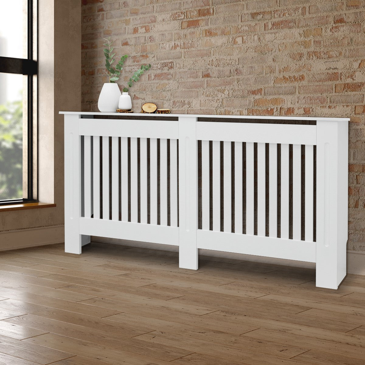 White radiator cover with vertical slats in front of a window.