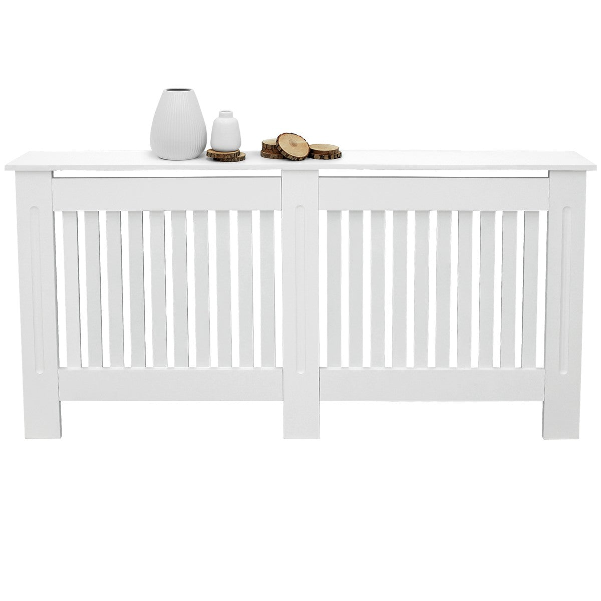 White piece of furniture with vertical slats and decoration on top.