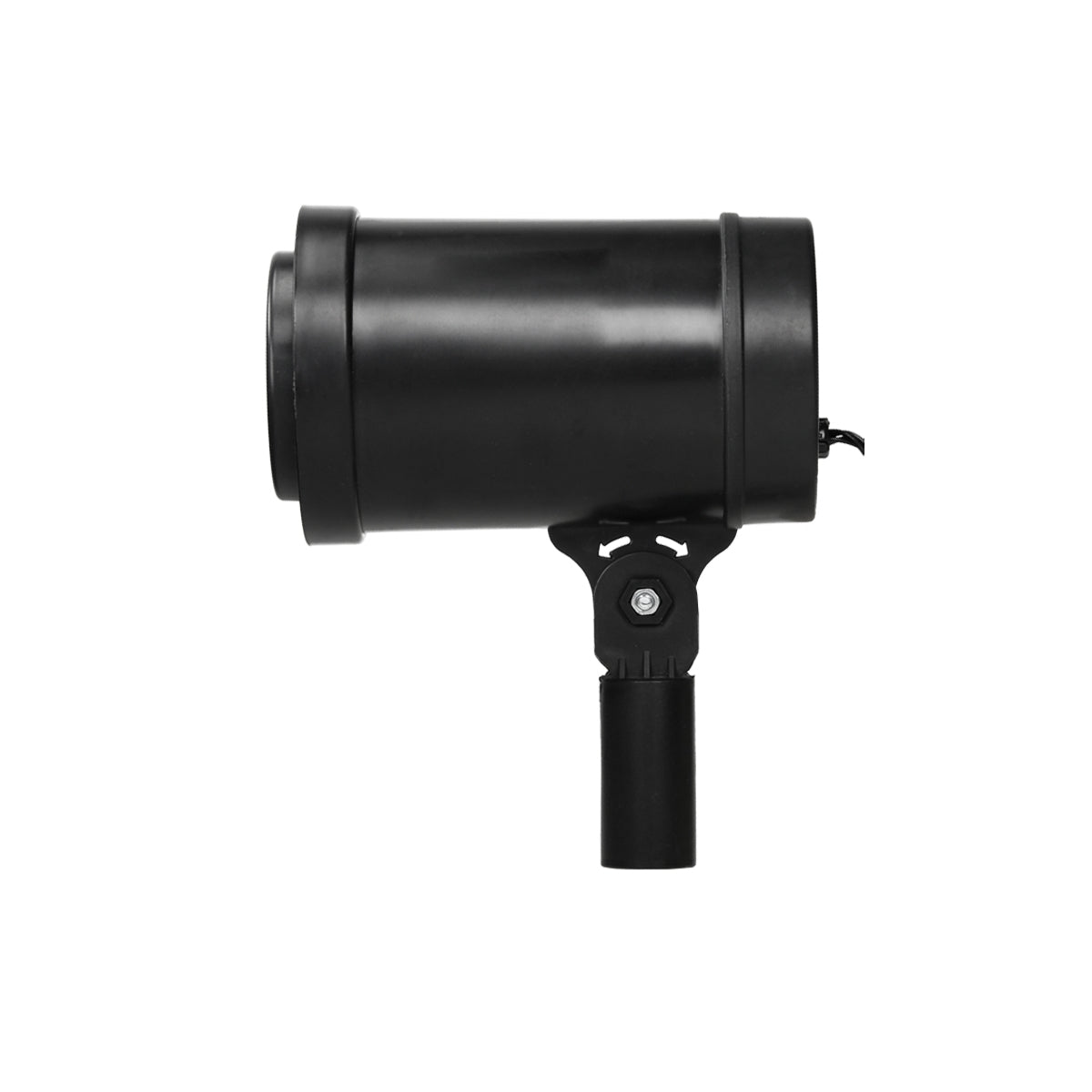 Černá lampa s kulatým pouzdrem a držákem.