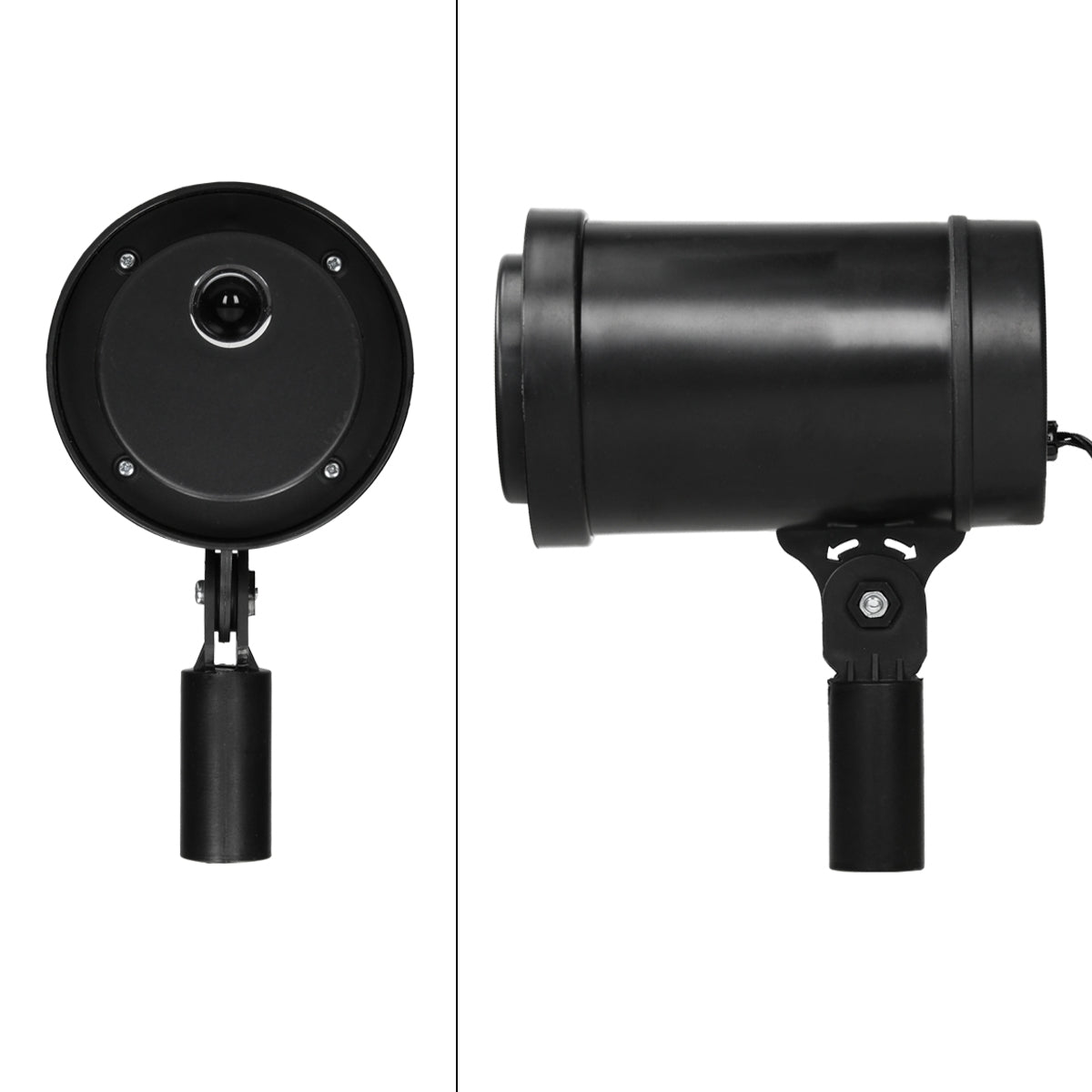 Černá reproduktorová skříňka zepředu a z boku.