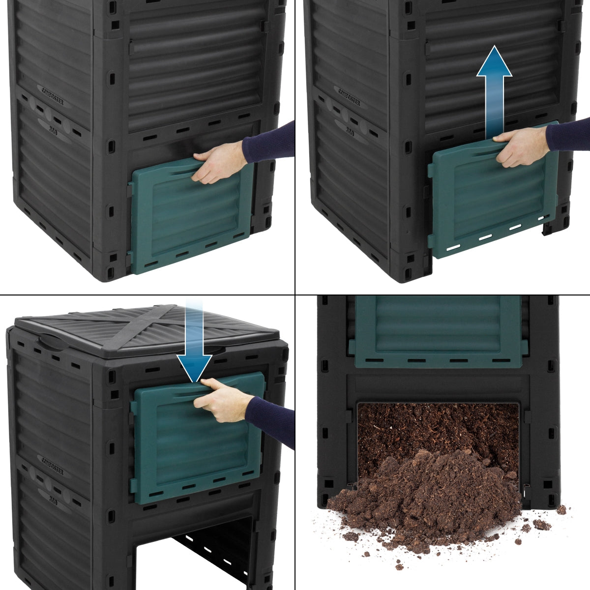 Musta kompostori, jossa on vedettävä kansi ja maata sisällä.