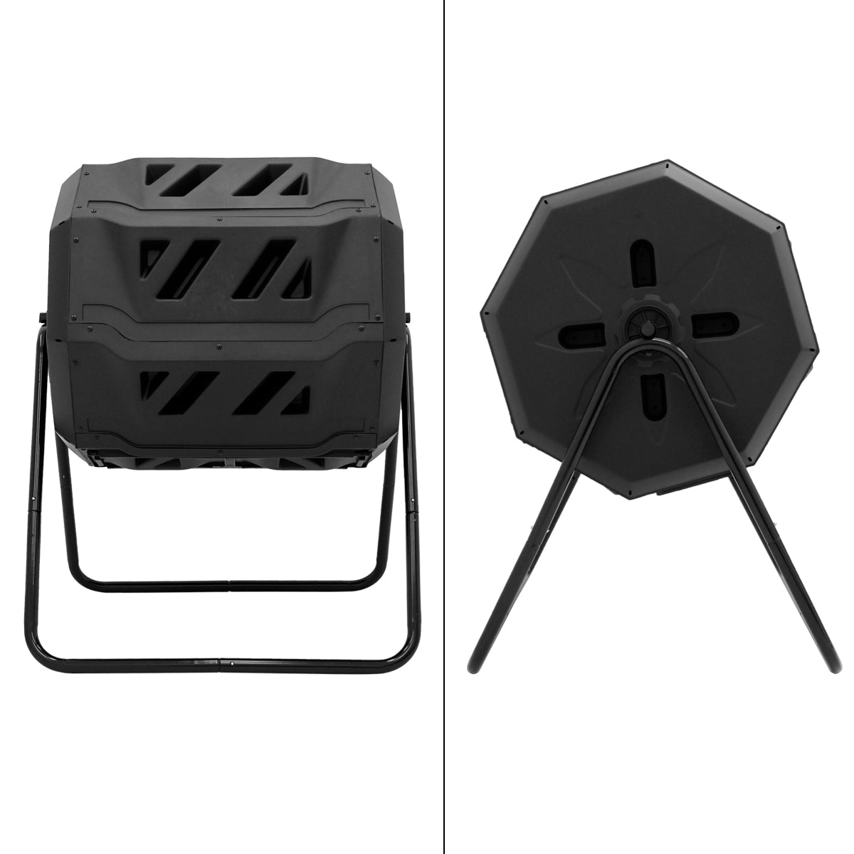 Vue latérale d'un composteur noir avec support.