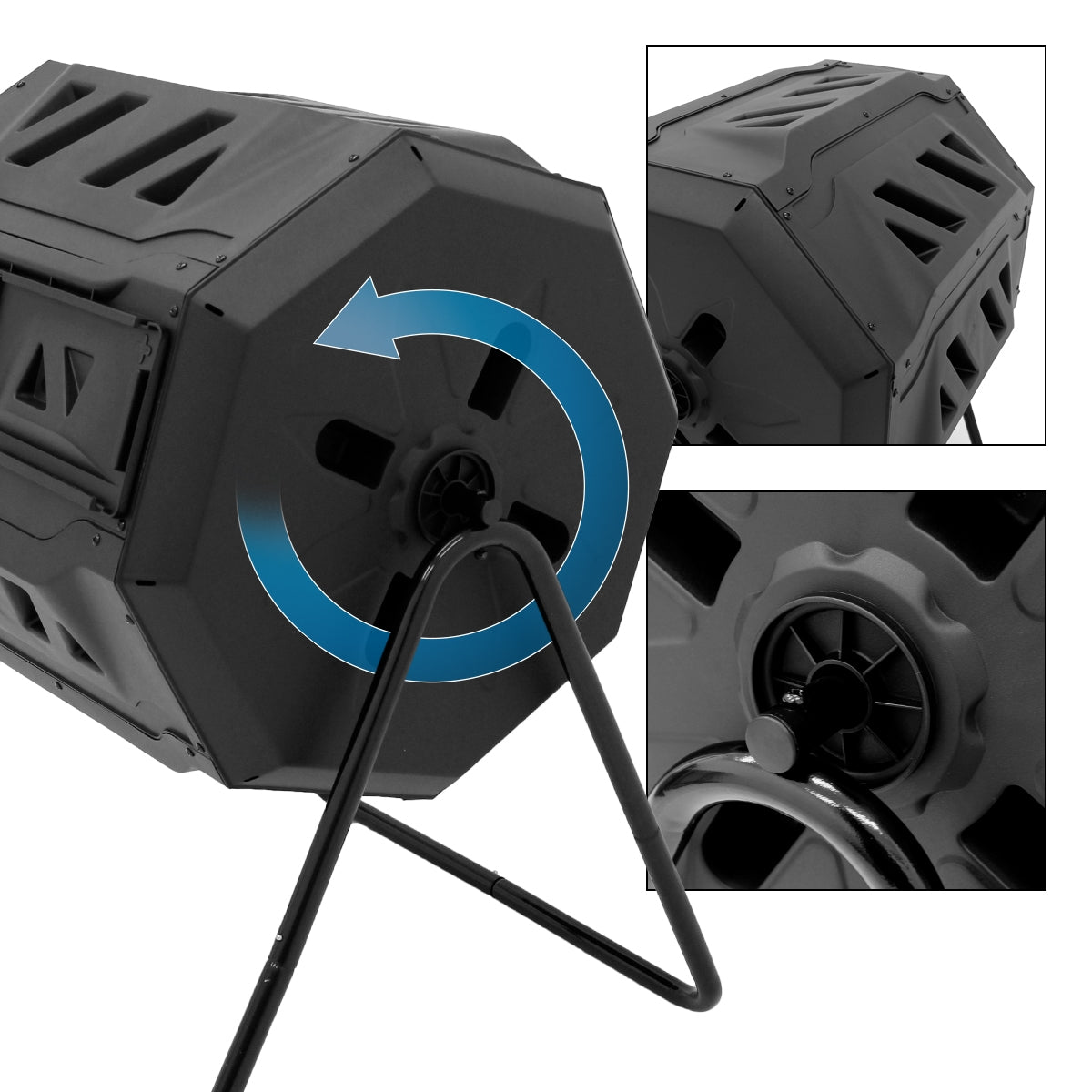 Un composteur noir avec une partie rotative et un support.