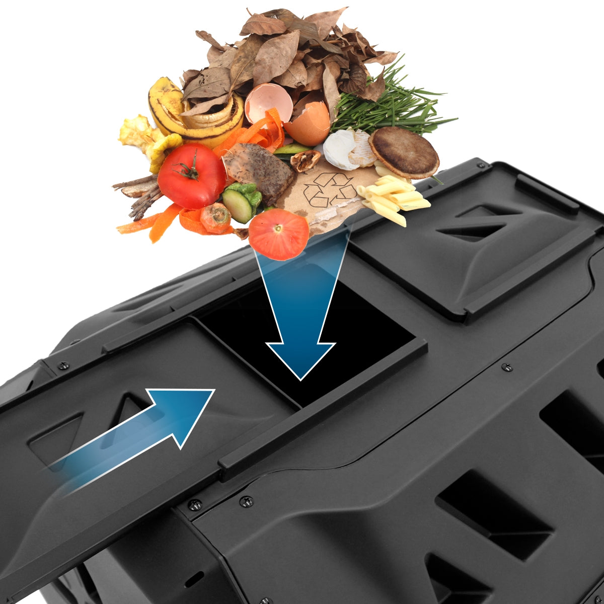 Composteur noir avec des déchets organiques comme des légumes et des fruits.