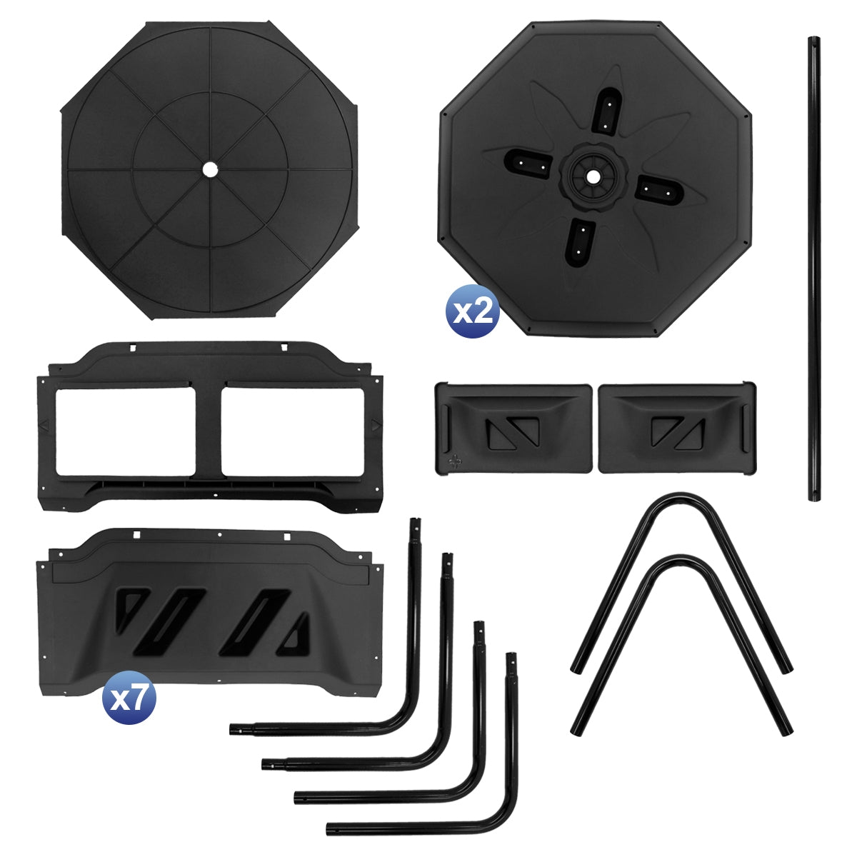 Accessoires pour un pavillon, y compris des plaques et des tubes de différentes formes.