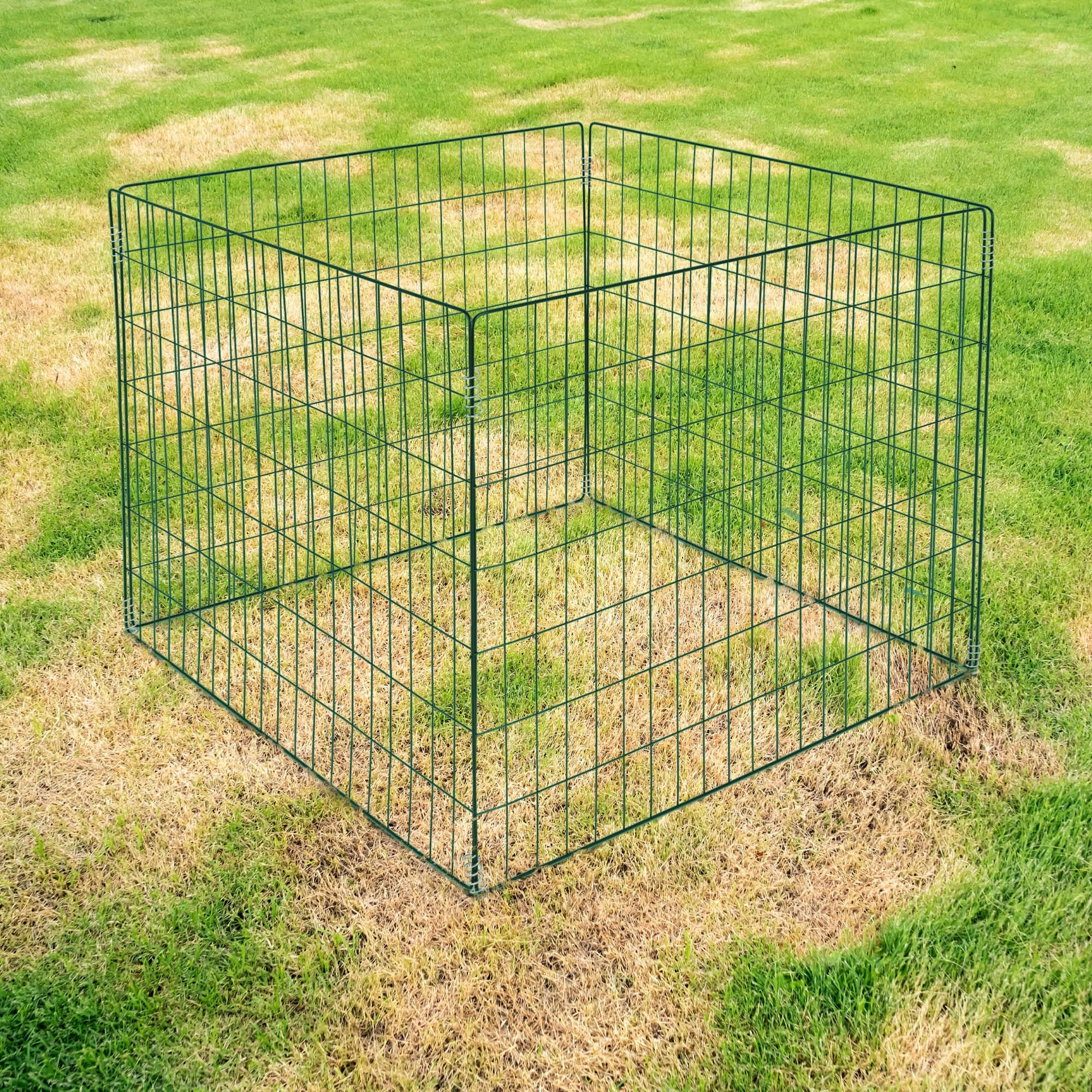 Ein quadratischer, drahtgeflechtener Käfig auf grünem Gras.