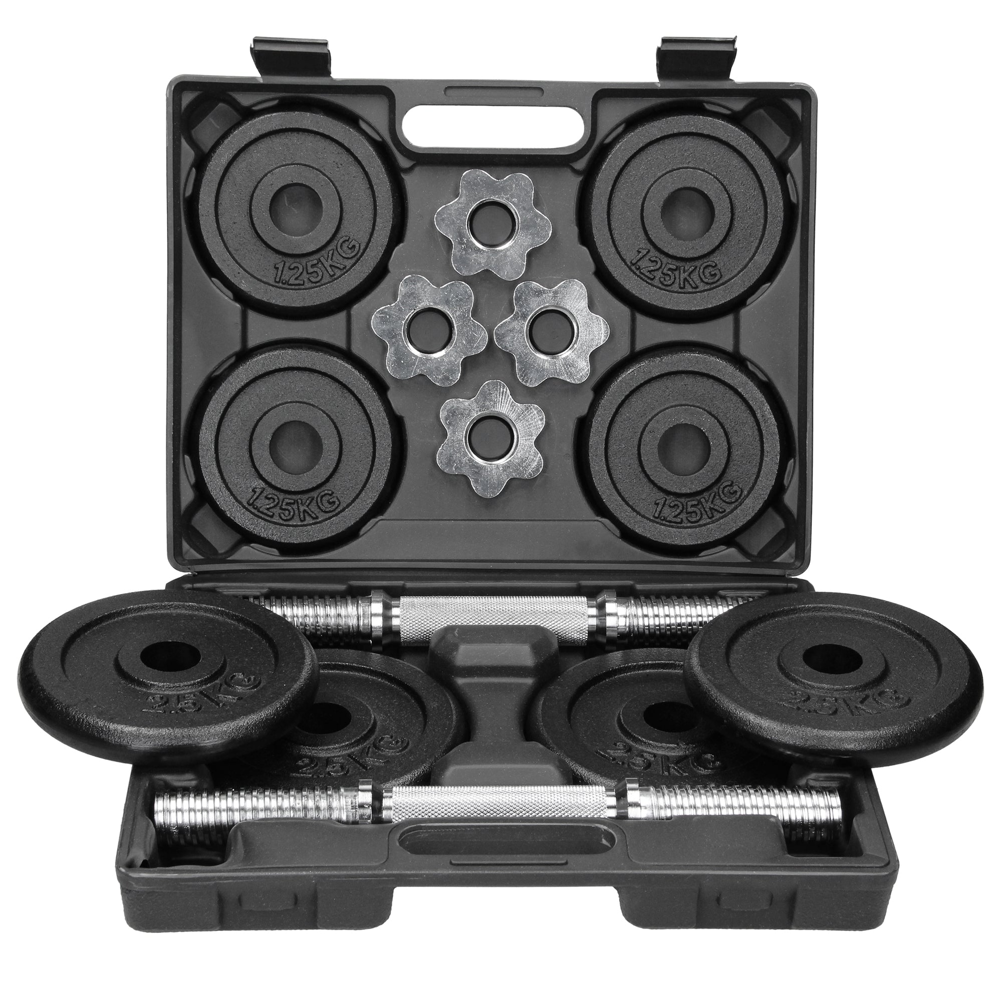 Ein Set mit Gewichten in einem Koffer, inklusive verschiedenen Platten und Stangen.
