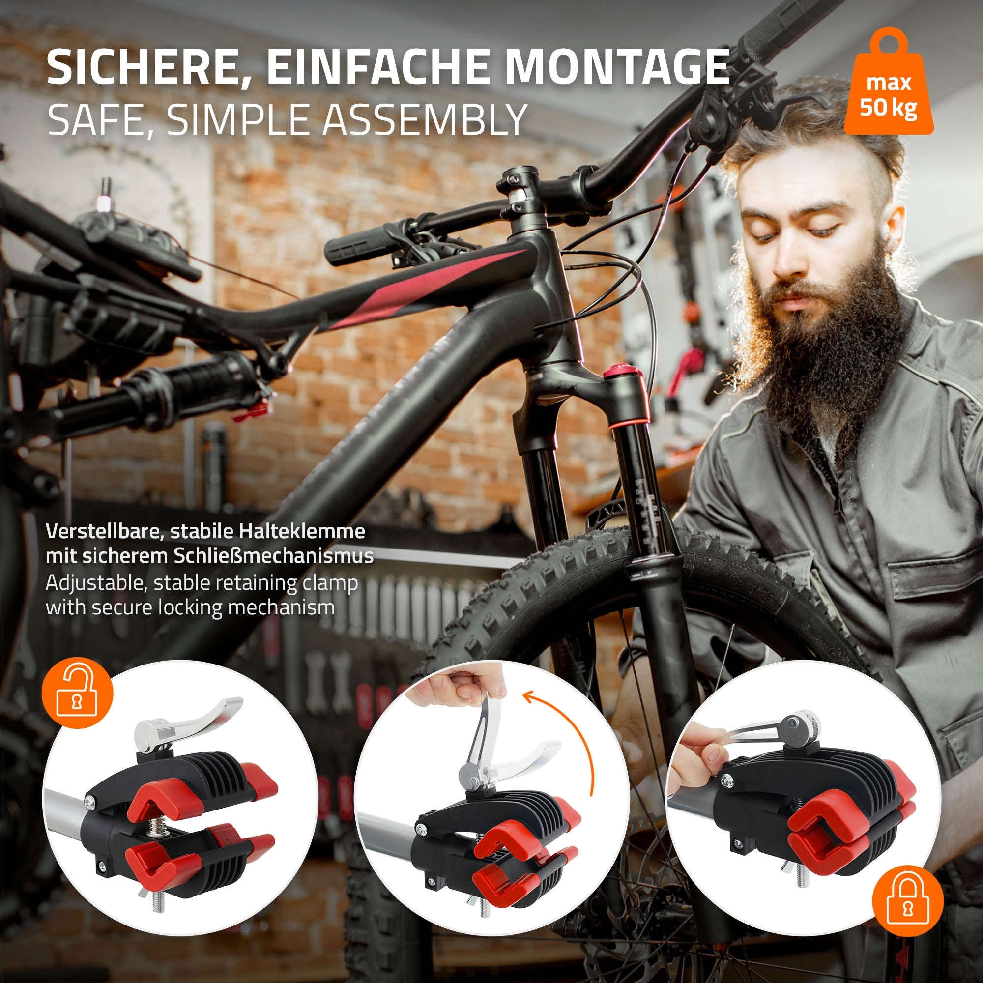 Mann montiert eine Halteklemme an einem Fahrrad mit Werkzeug.