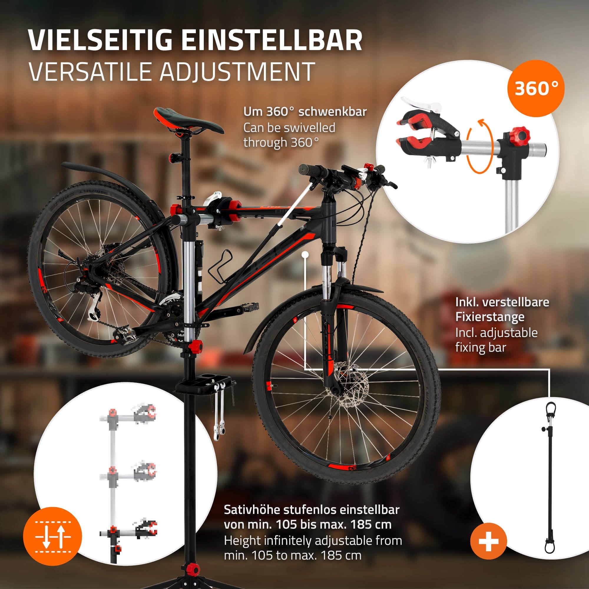 Fahrradständer mit verstellbaren Halterungen, schwenkbar, in einer modernen Umgebung.