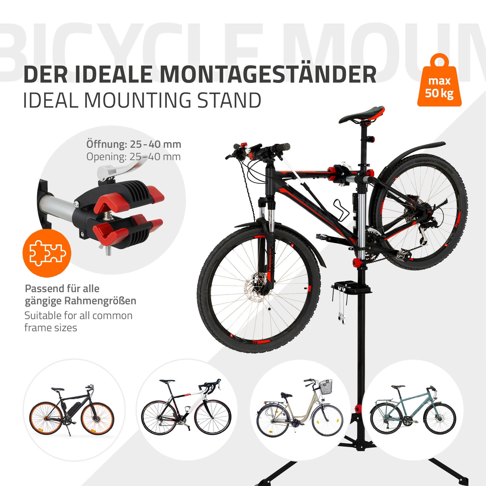 Ein Fahrradmontageständer mit verschiedenen Fahrrädern im Hintergrund.