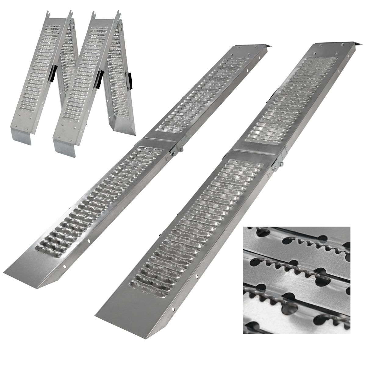 Zwei Aluminium-Rampen mit rutschfester Oberfläche, zusammengelegt.