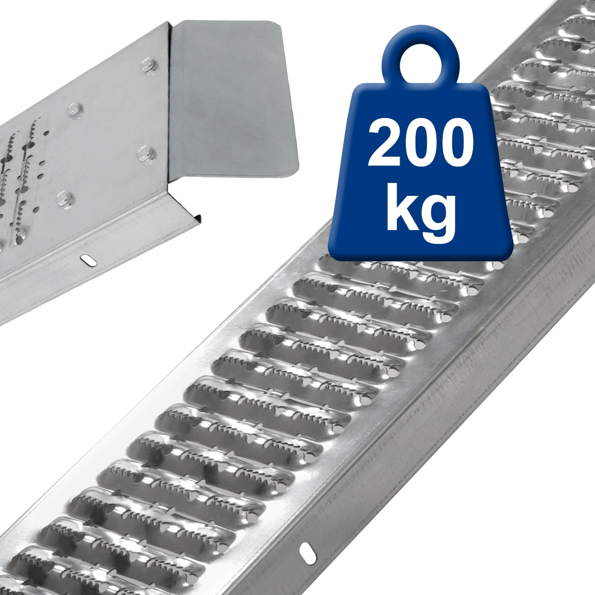 Detailansicht einer Metallrampe mit einer Gewichtsanzeige von 200 kg.