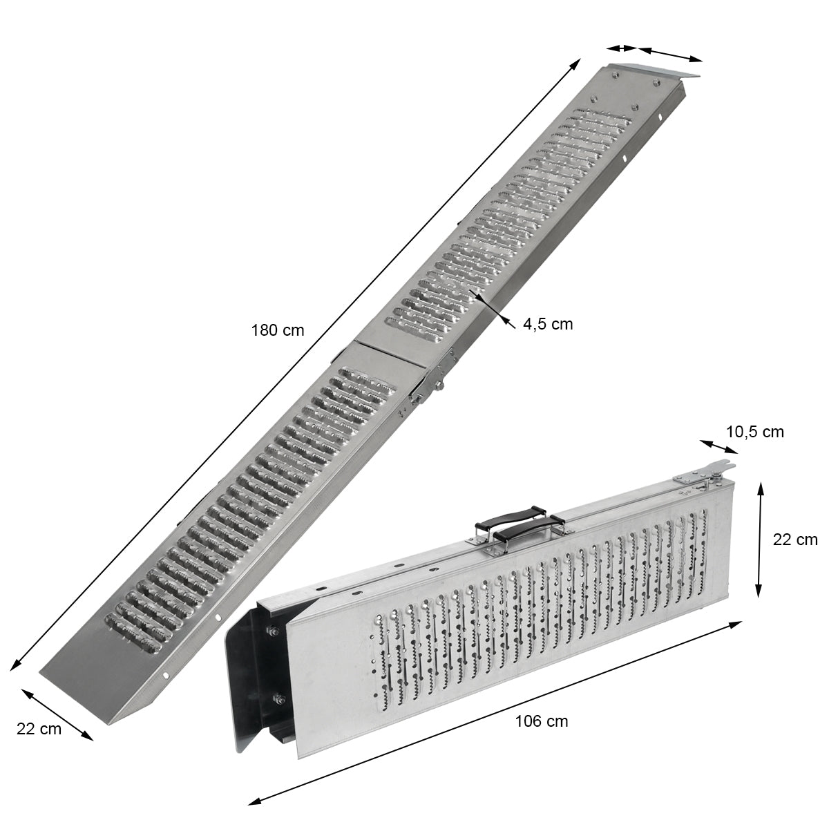 Aluminiumrampe mit Maßen und Belüftungslöchern.