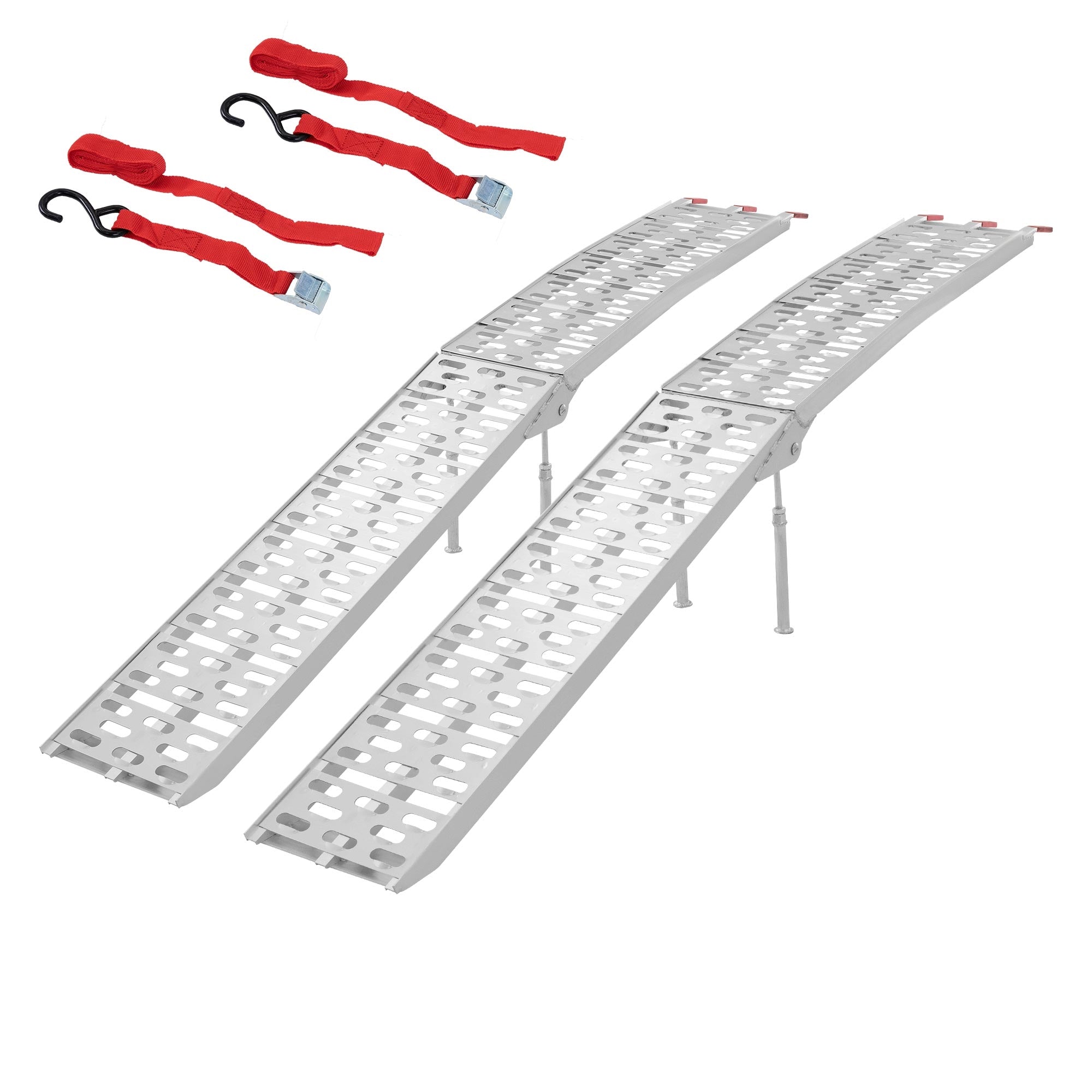 Zwei Aluminium-Rampen mit roten Gurten zum Sichern.