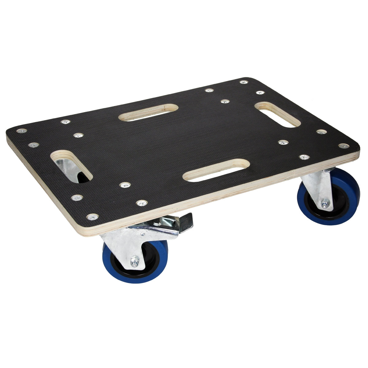 Möbelroller mit blauen Rädern und zwei Griffen.