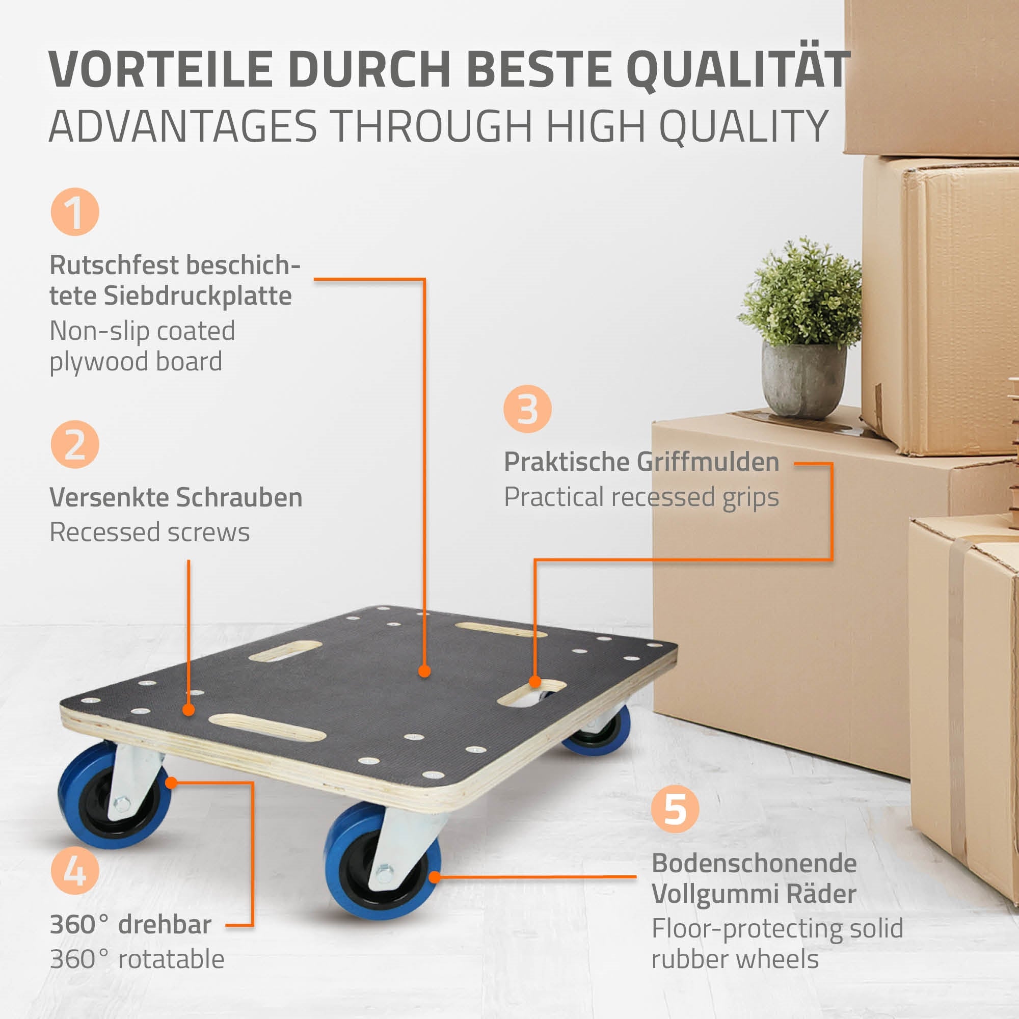 Transportwagen mit rutschfester Oberfläche und praktischen Griffmulden.