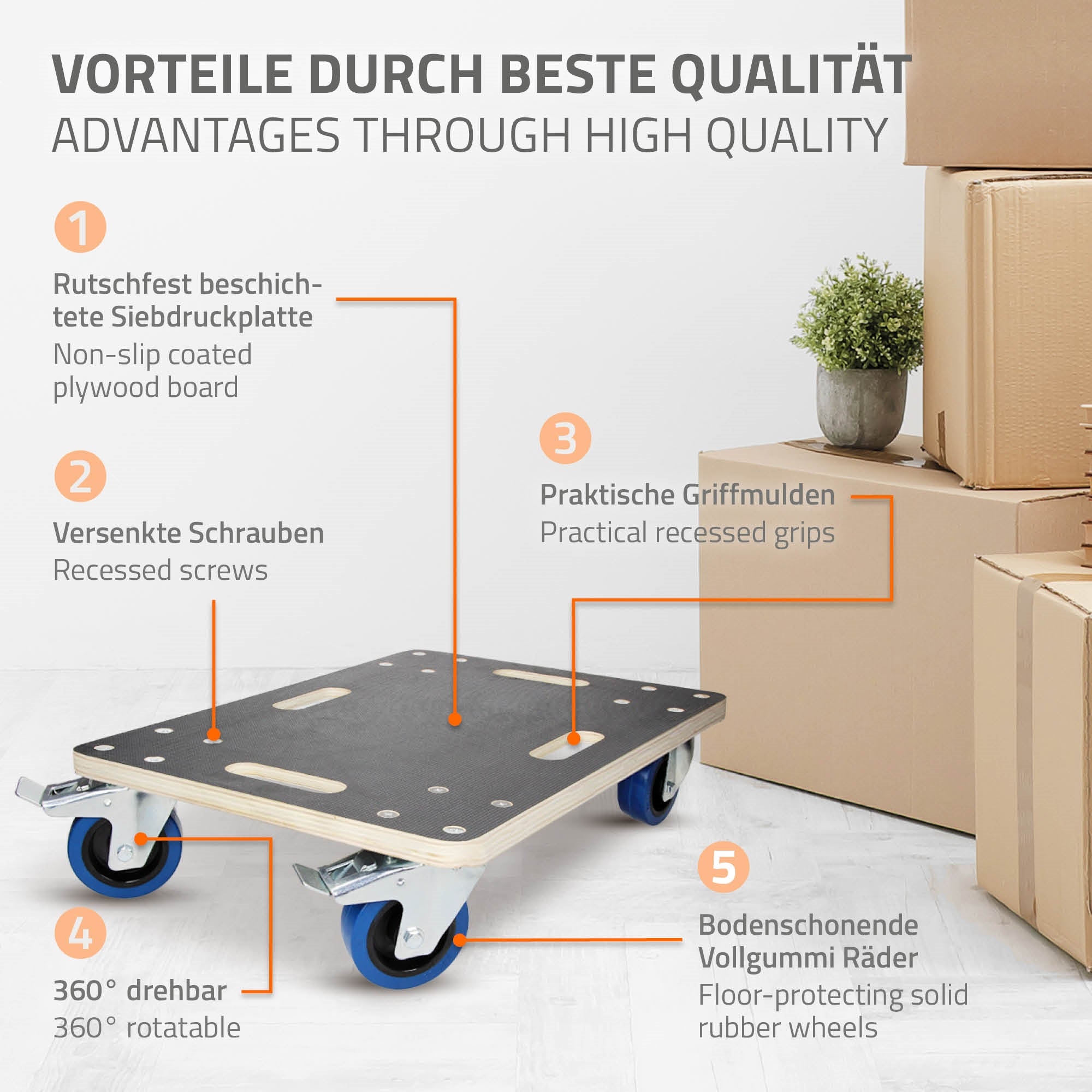 Rollwagen mit Vorteilen wie rutschfester Oberfläche und versenkten Schrauben.