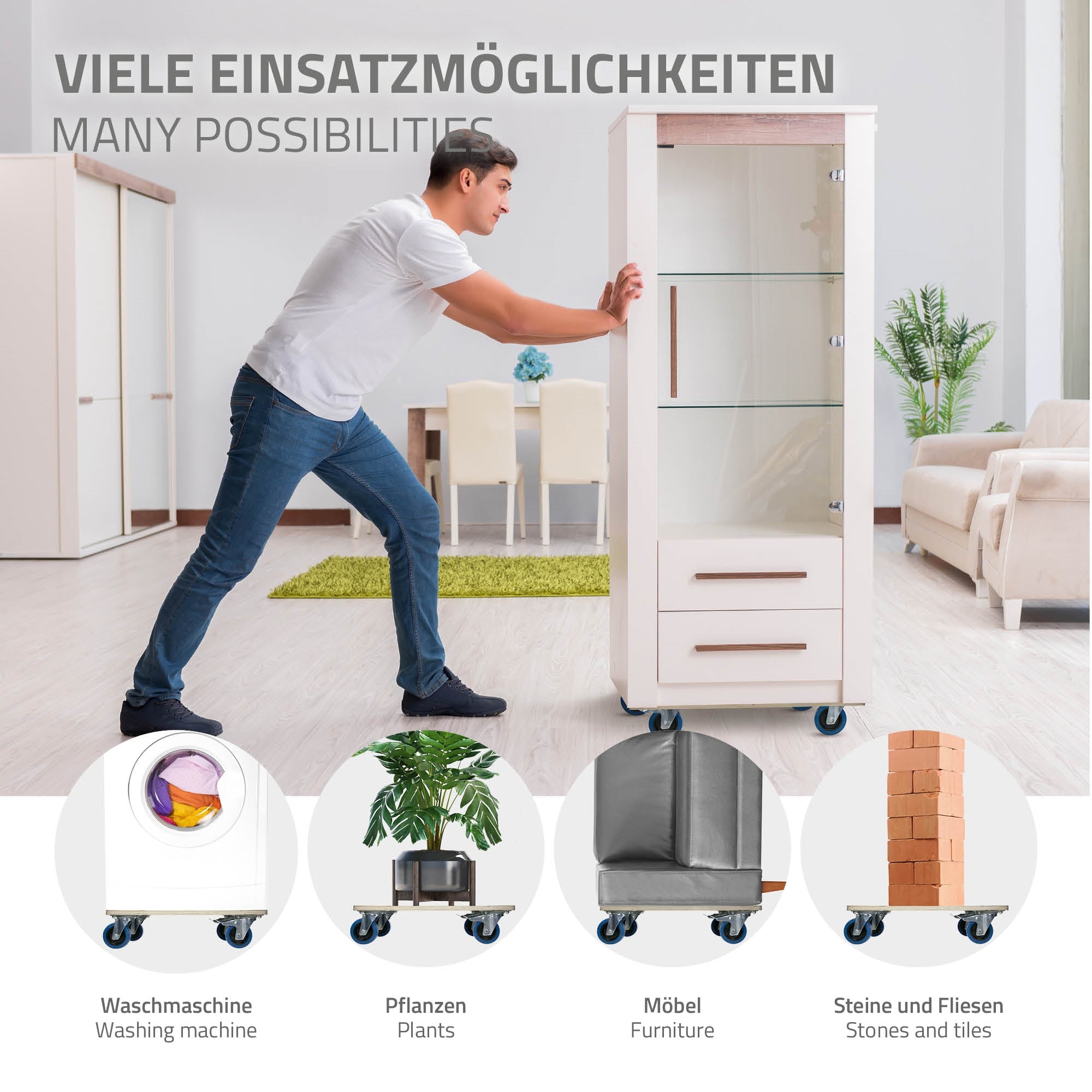Rollwagen mit Holzplatte und Gummirädern auf einem Boden.