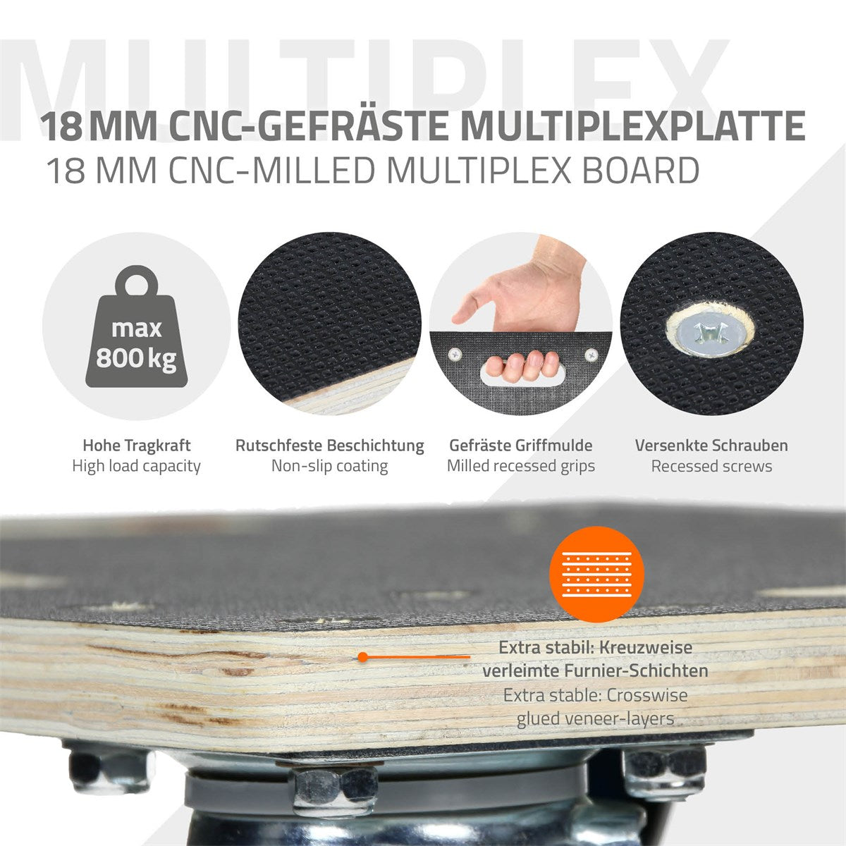Multiplexplatte mit Griffen, rutschfester Beschichtung und stabilen Rädern.