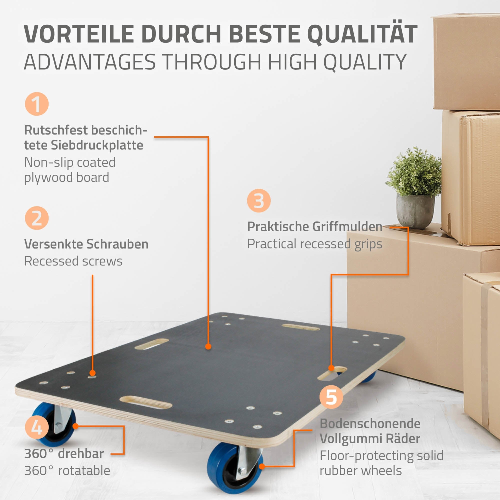 Schwarze Transportplatte mit blauen Rädern und rutschfester Oberfläche.