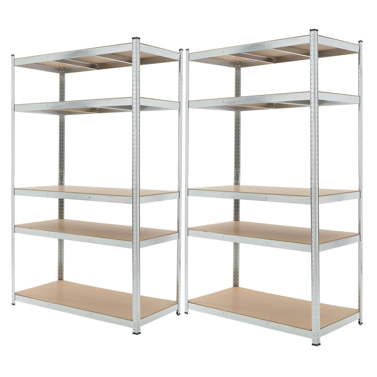 Zwei Regale mit mehreren Ablagen aus Metall und Holz.